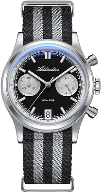 Addiesdive 38mm Mens Chronograph Watch with Japanese VK64 Quartz, Vintage Military Style Nylon Strap Watch, 100M Water Resistant,Black