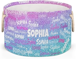 Custom Storage Baskets Name Girl Women, Blue with Pink Glitters Round St...