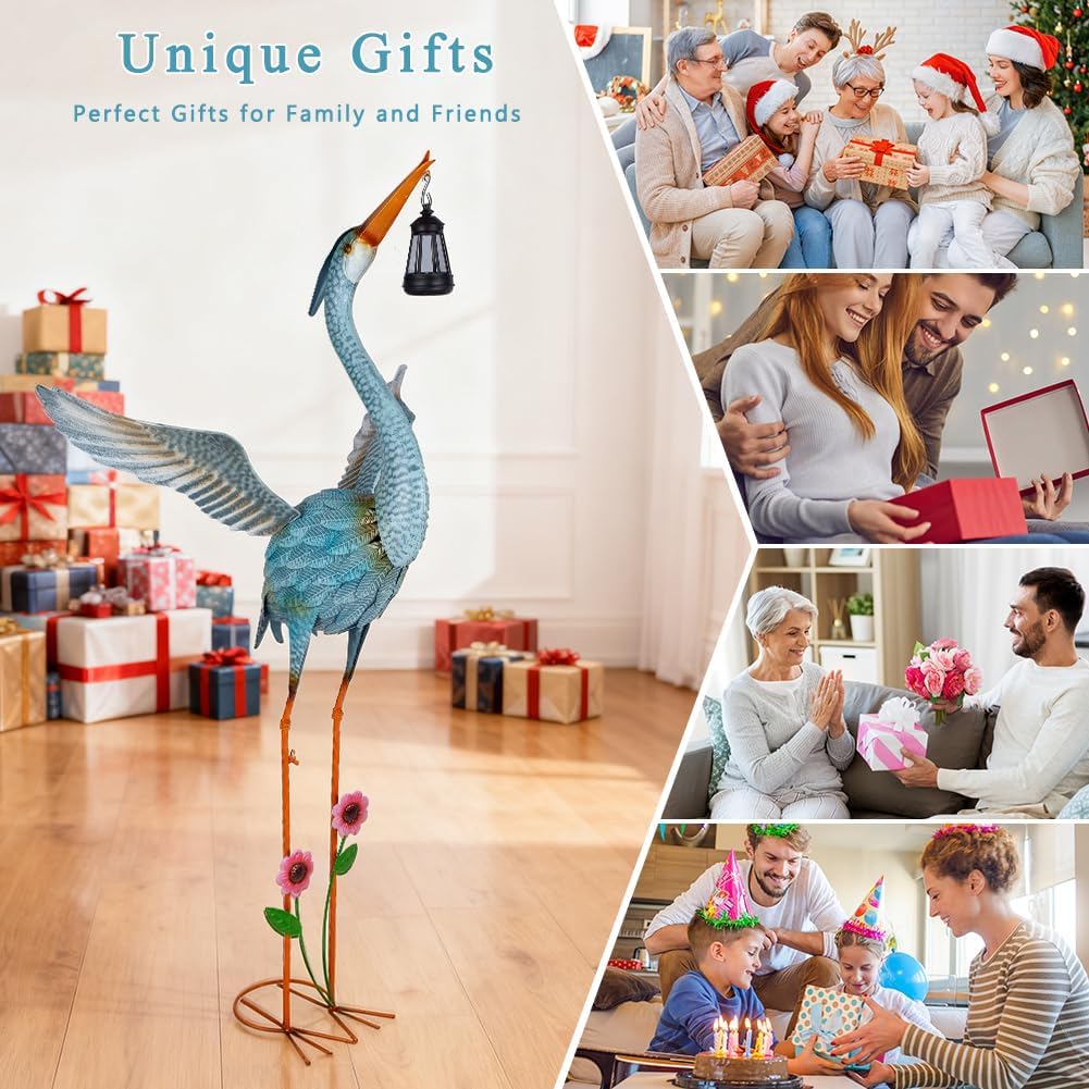 Crane Garden Statue with Solar Lantern, Large Blue Heron Outdoor Staue Garden Decor, Metal Crane Sculpture Yard Art Decor for Lawn, Backyard, Porch