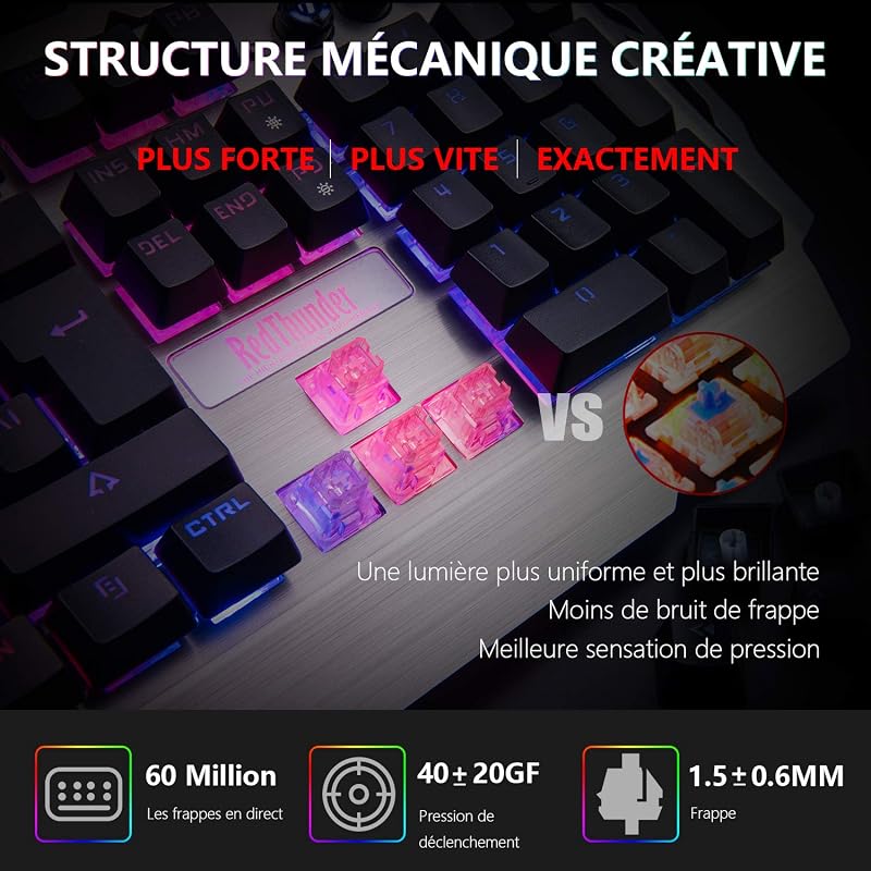 RedThunder K900 Félig Mechanikus Gamer Billentyűzet FR Kiosztás RGB Háttérvilágítás