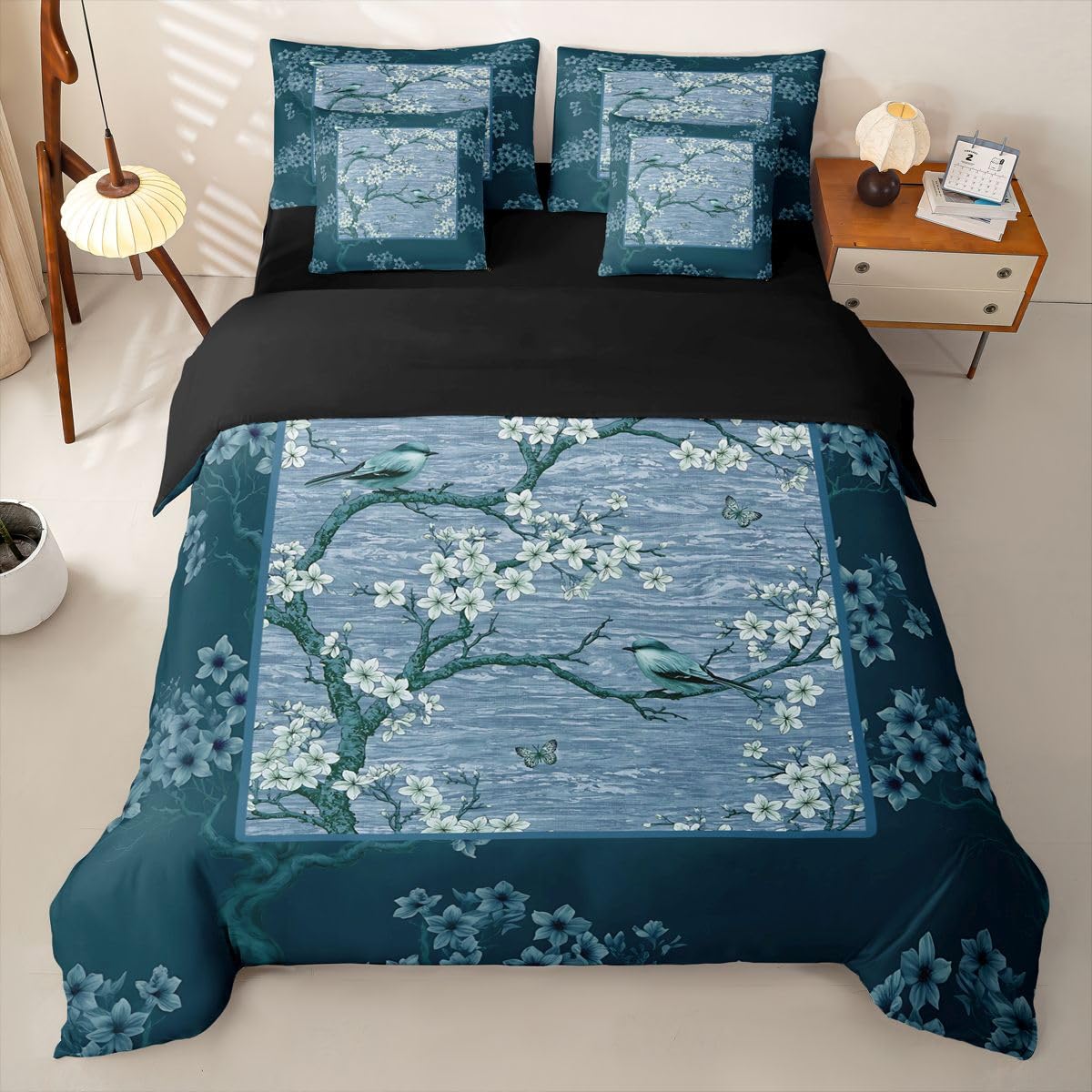 Homewish Blaue Blumen Bettwäsche 155x220 7teilig
