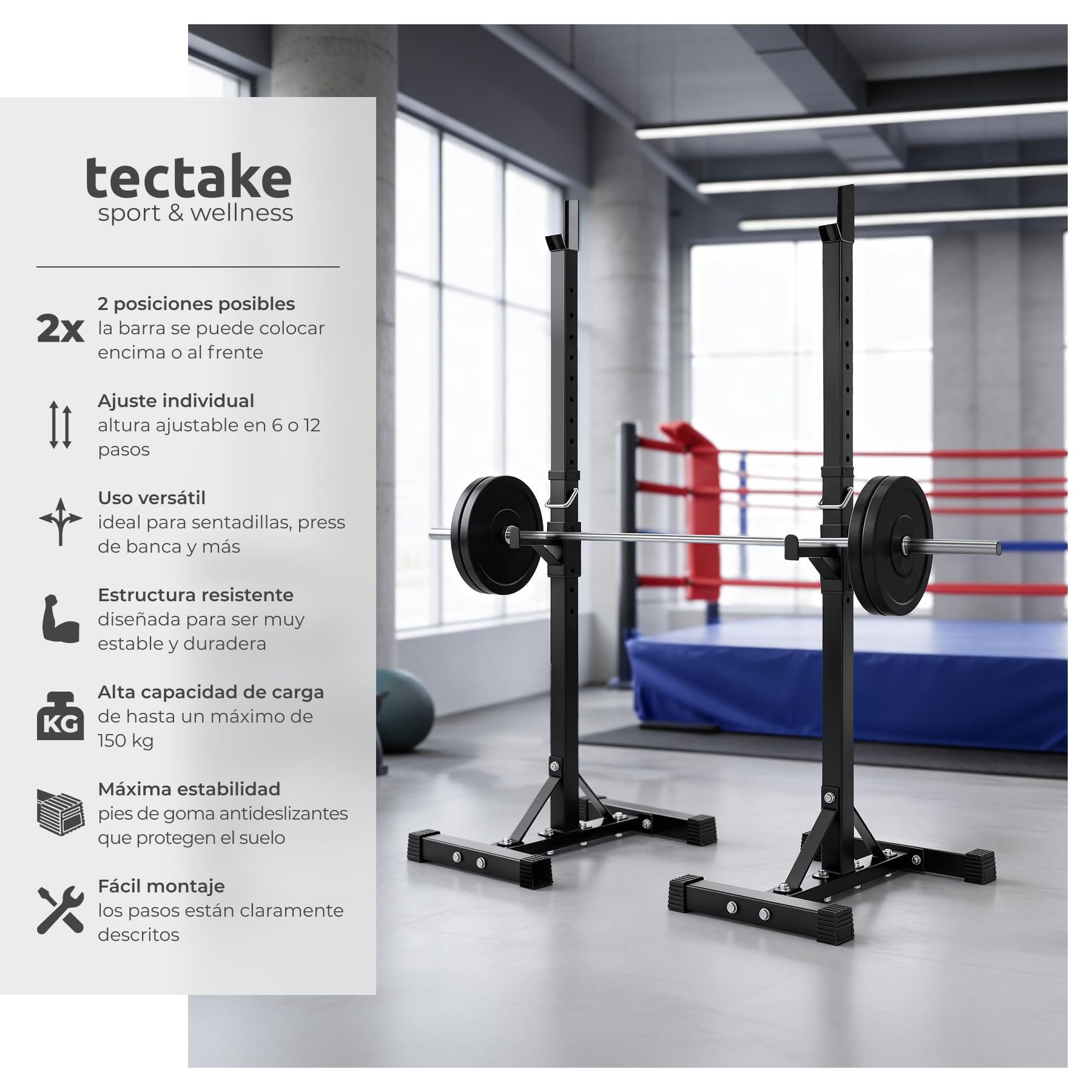 tectake® Soporte Barra Pesas, Rack Musculación Ajustable, Soporte Sentadillas, Squat Rack Estable, Deporte en Casa, Gimnasio en Casa, Barra Musculacion, Soporte Press Banca, Gym - Negro
