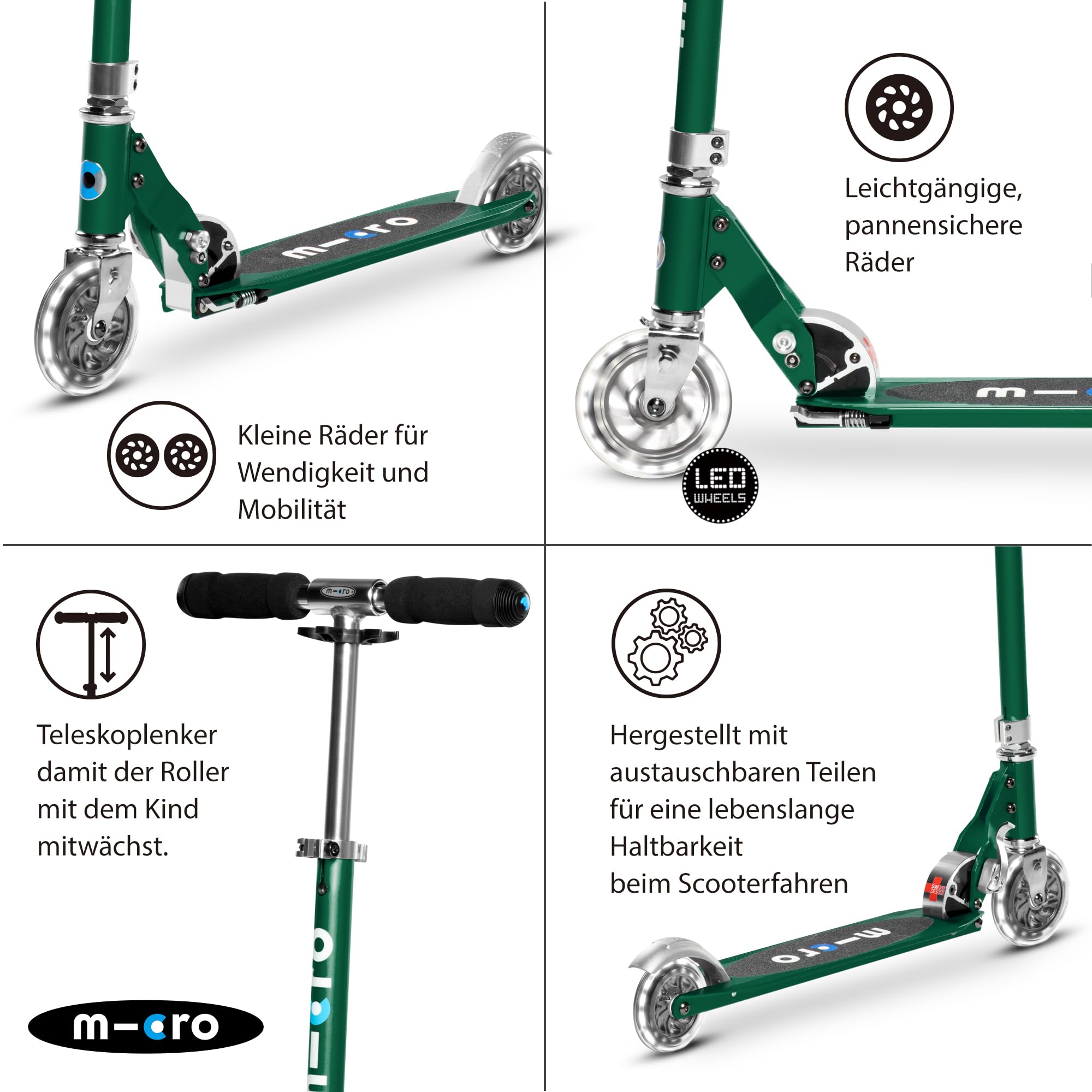 micro™ Sprite LED Kinder Kinderscooter | Cityroller mit LED-Rollen | klappbar und Lenker höhenverstellbar | ab 5 J. | Tretroller in 6 Farben erhältlich