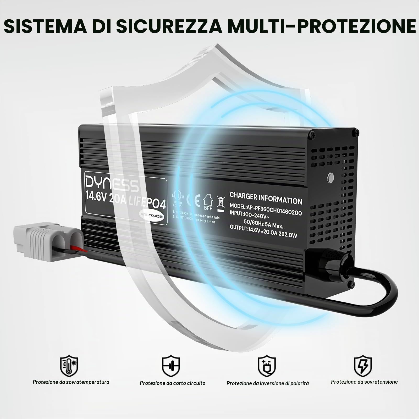 Dyness Caricabatterie LiFePO4 12V 20A (14,6V), Ricarica Intelligente a 3 Fasi con Attivazione 0V, Connettore Anderson 50A, Terminali M8 e Indicatore LED per Batterie LiFePO4 da 12,8V