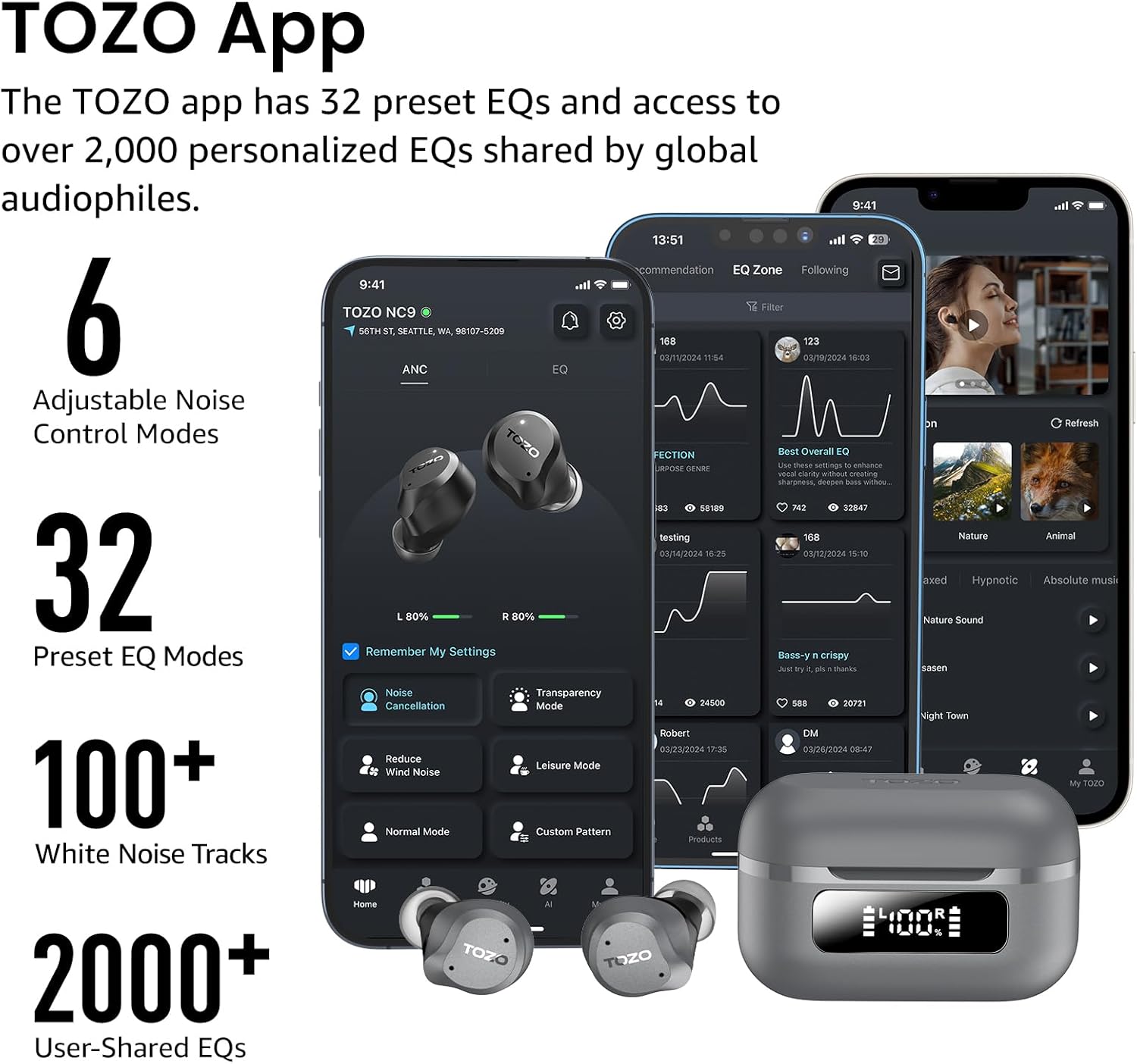 TOZO NC9 Hybrid Active Noise Cancelling Wireless Earbuds, 6 Mics ENC Clear Call, IPX8 Waterproof, in Ear Bluetooth 5.3 Headphones Stereo Bass Ear Buds 60H Playtime with LED Display 32 EQs via APP thumbnail