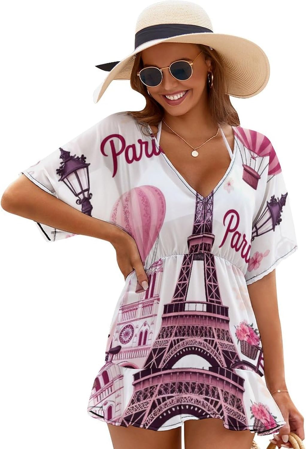 Womens Short Sleeve Swimsuit Coverup Flowy V Neck Bathing Suit Cover Up Chiffon Beach Dress Shirt