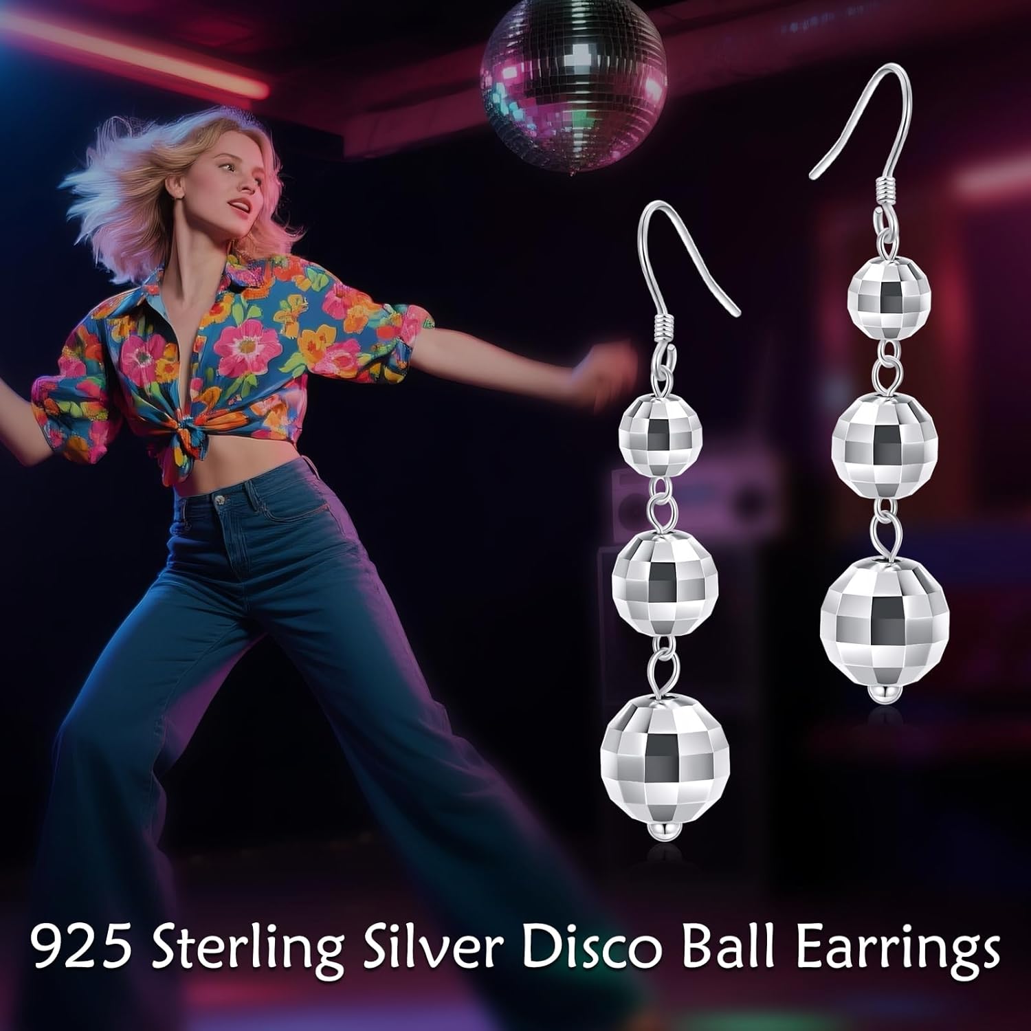 Disco Ball Earrings 925 Sterling Silver 70s 80s Mirror Disco Dangle Earrings for Women Retro Party Club Jewelry Gift