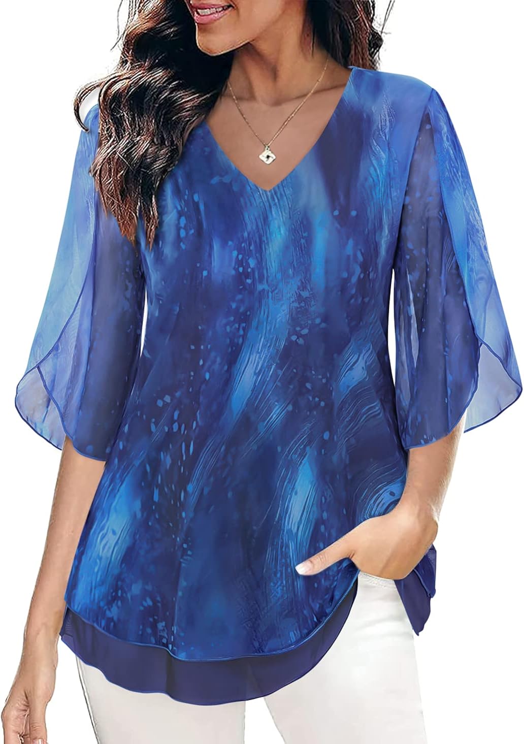 SeSe Code - Blusa de malla para mujer, con volantes y manga 34, holgada y elástica