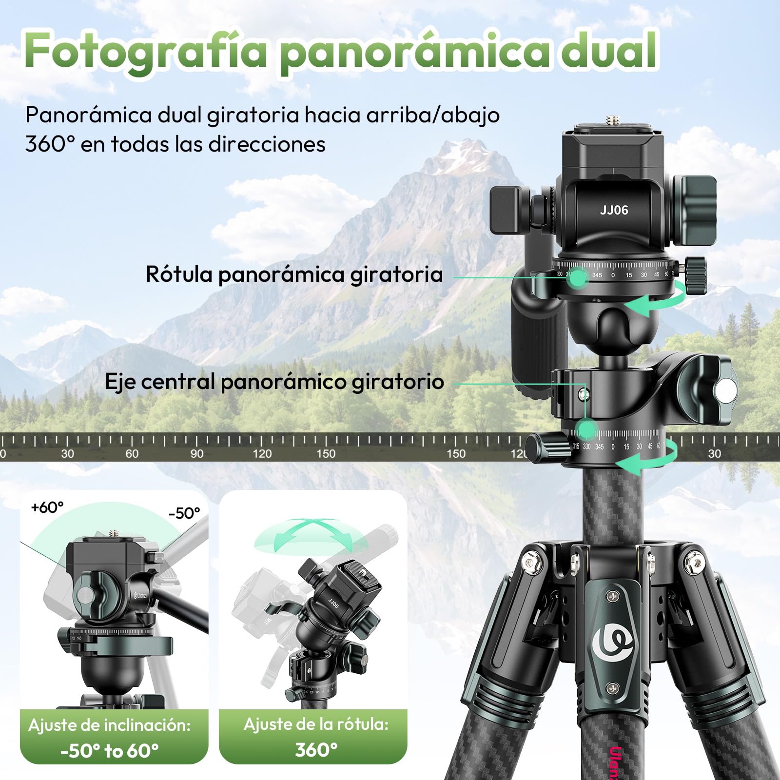 ULANZI JJ06 GlideGo Trípode de Vídeo de Fibra de Carbono, Trípode de Cámara con Doble Cabezal panorámico de 360°, -50°/+60° Tilt Pan, Placa de Liberación Rápida Uka y Mango Destornillador, 18kg MAX