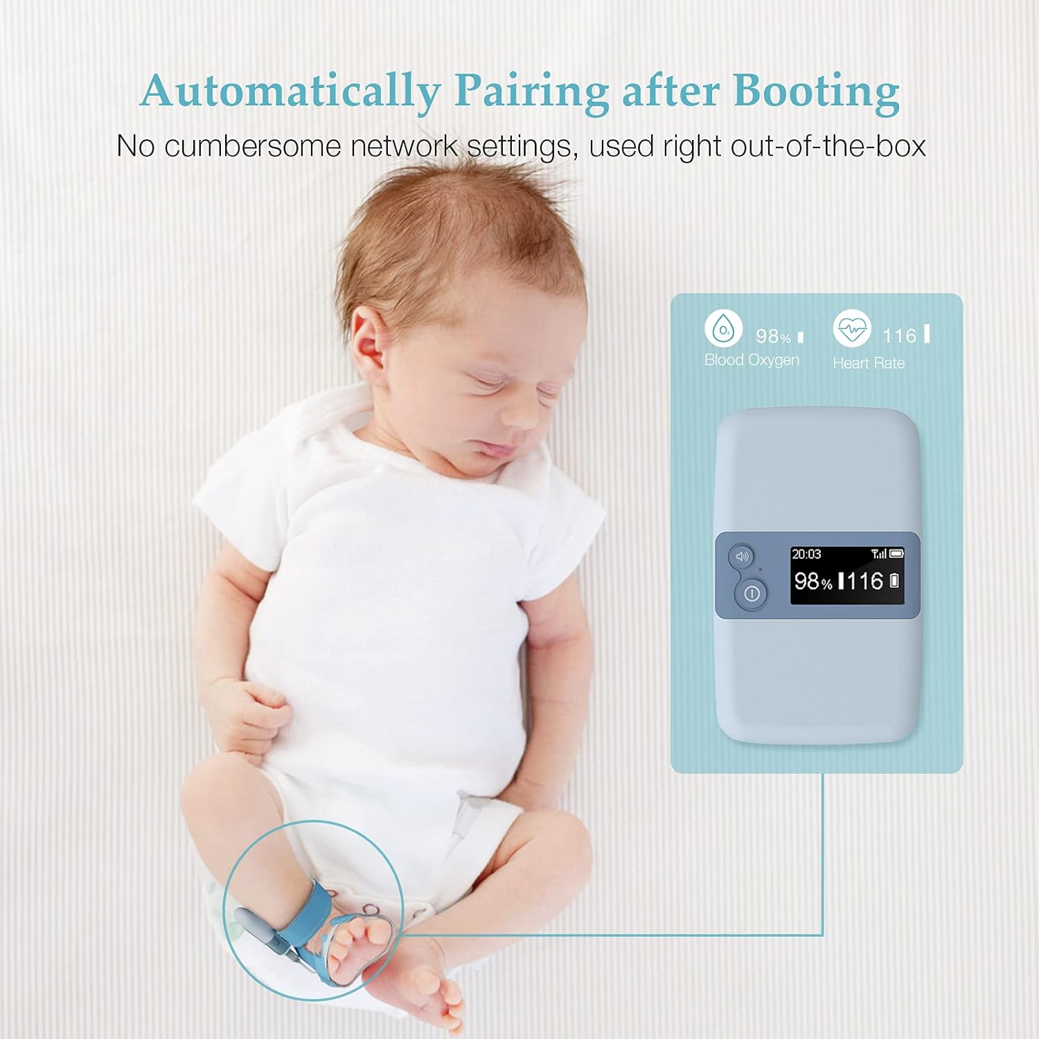 Baby sleeping with Wellue BabyO2 S2 monitor automatically pairing