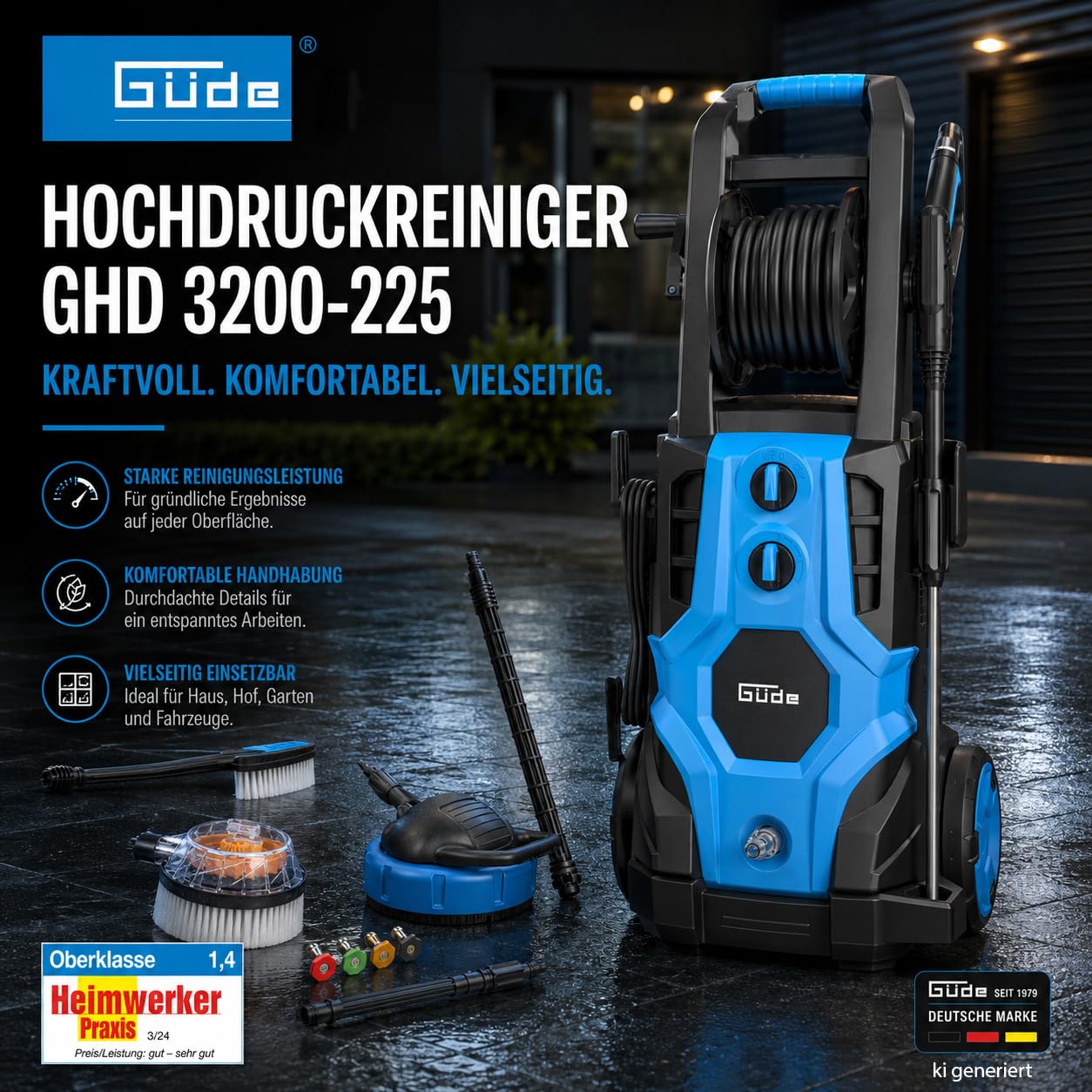 Güde Lavadora de Alta presión GHD 3200-225 (230 V, 3200 W, 225 Bar máx. presión, 540 l/h máx. de elevación., Manguera y Tambor HD de 6 m, Pistola HD con 4 boquillas, ensuciador, Cepillo Triangular y