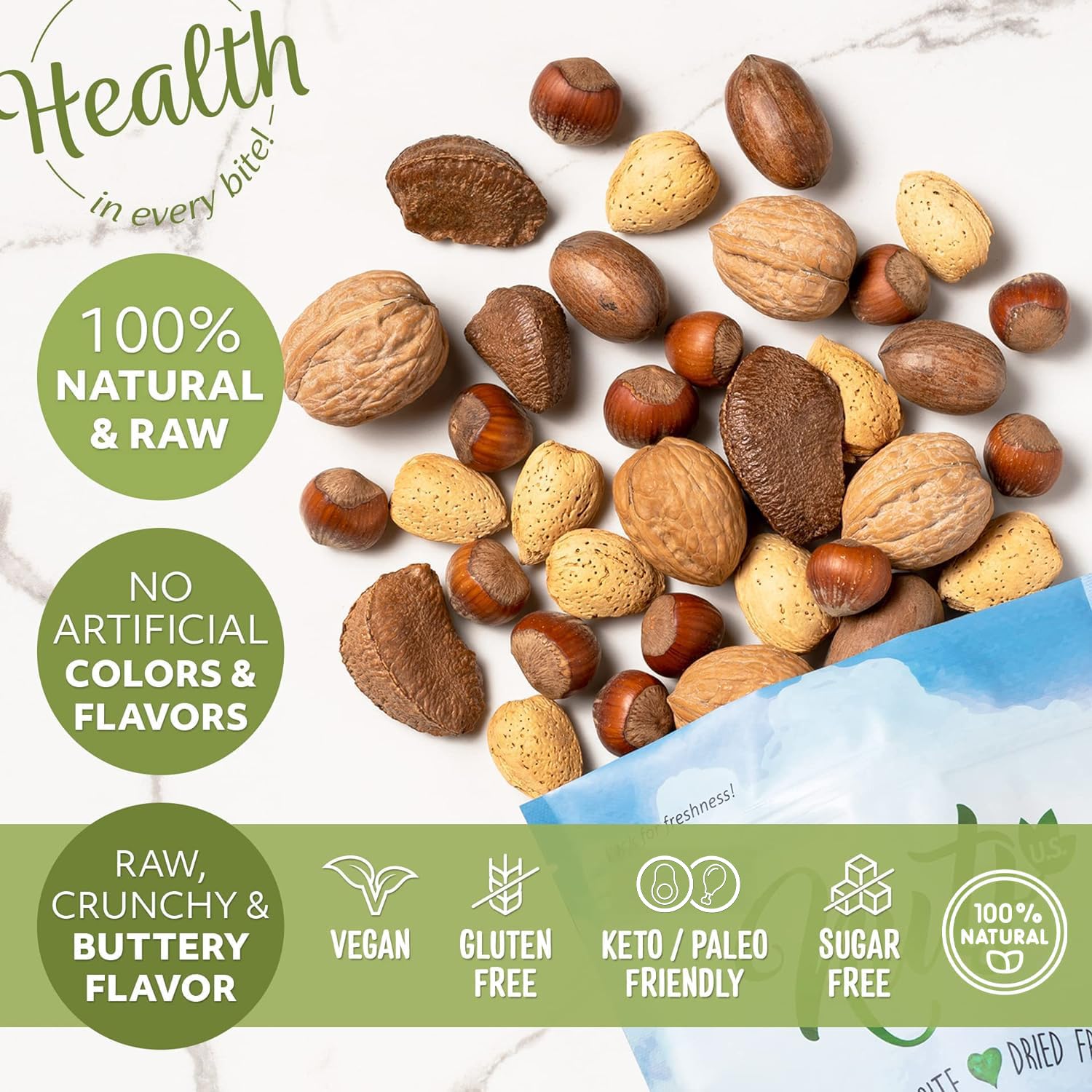 NUTS U.S. – Mixed Nuts In Shell (Almonds, Walnuts, Hazelnuts, Pecans, Brazil Nuts) | No Added Colors and No Artificial Flavors | Fresh Buttery Taste and Raw |Packed In Resealable Bags (6 LBS)