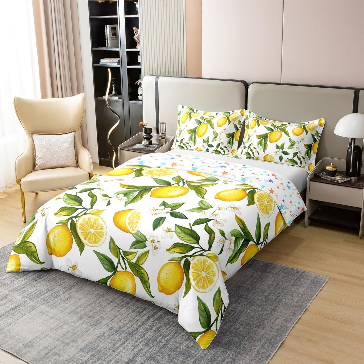 Lemon Pattern Bedding Duvet Cover 100% Cotton Set Queen Size Lemon Floral Bedding Set for Kids Boys Girls Decor Summer Fruit Comforter Cover Set Nature Bedspread Cover Bedroom Bedclothes