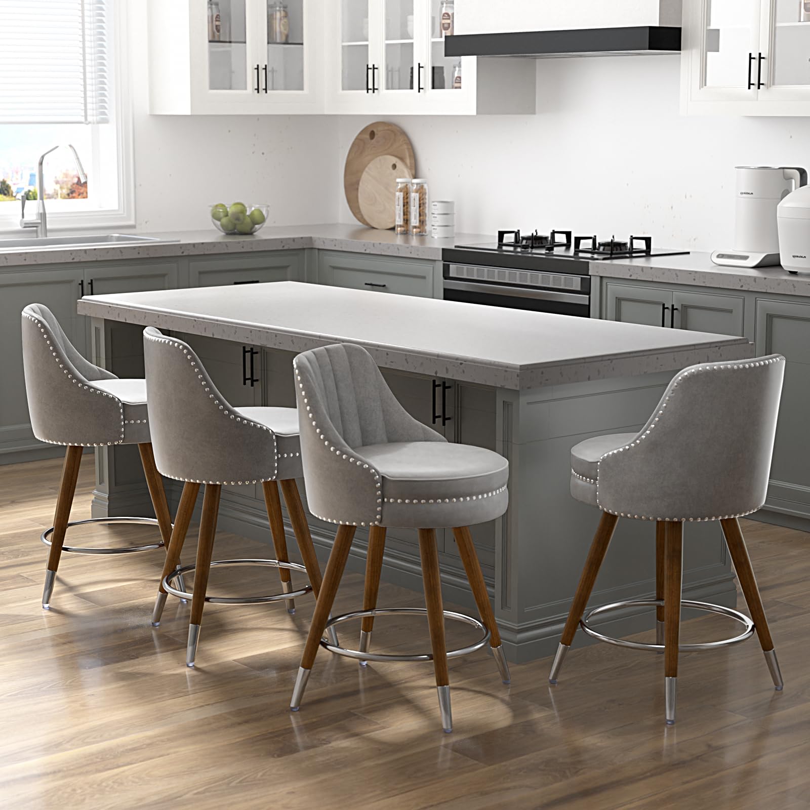 Sucrever Counter Height Bar Stools Set of 4, 24" Leather Bar Stools with Backs, Swivel Counter Stools with Wooden Legs for Kitchen, Dining Room, Bar,