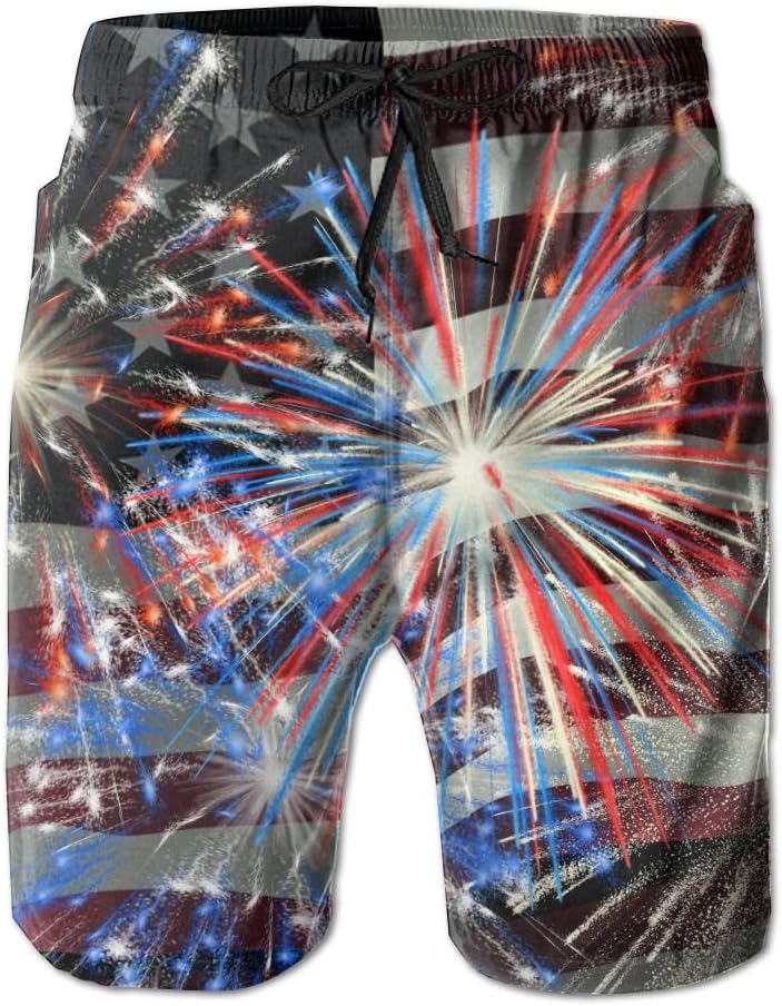 SHATAN Patriotic Fireworks Cool Mens Boardshorts Teen Polo Hike Swim Trunks