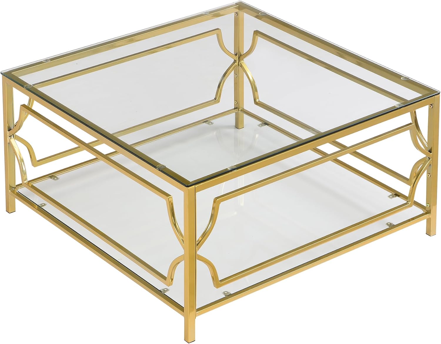 Modern Glass Coffee Table, 33.5" Square Coffee Table with Gold Stainless Steel Frame and Clear Glass Top, Luxury 2-Tier Centre Table with Storage Shelves for Living Room