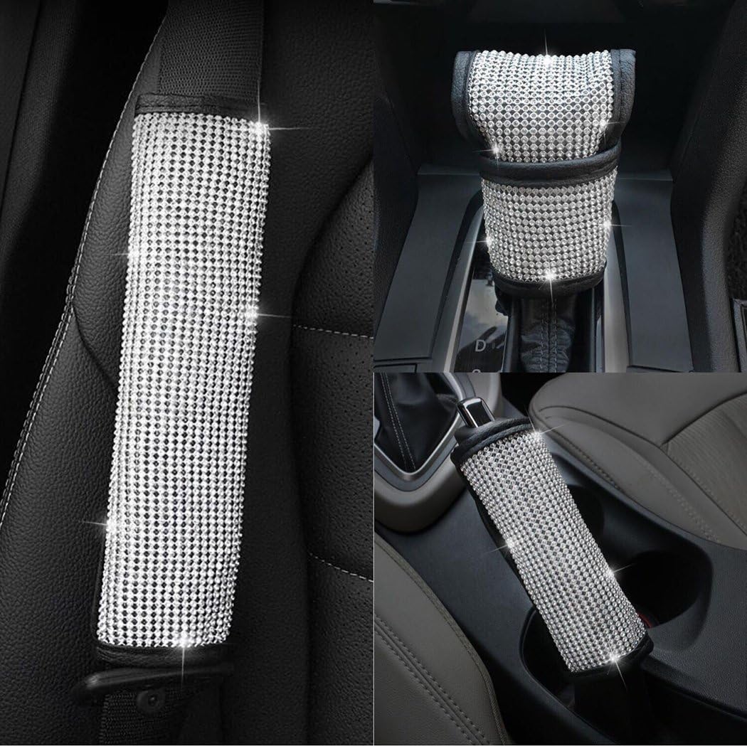 U&M Bling Bling Auto Seat Belt Cover & Handbrake Cover & Shift Gear Cushion Luster Crystal Diamond Car Decor Accessories (3 pcs in 1 Set)