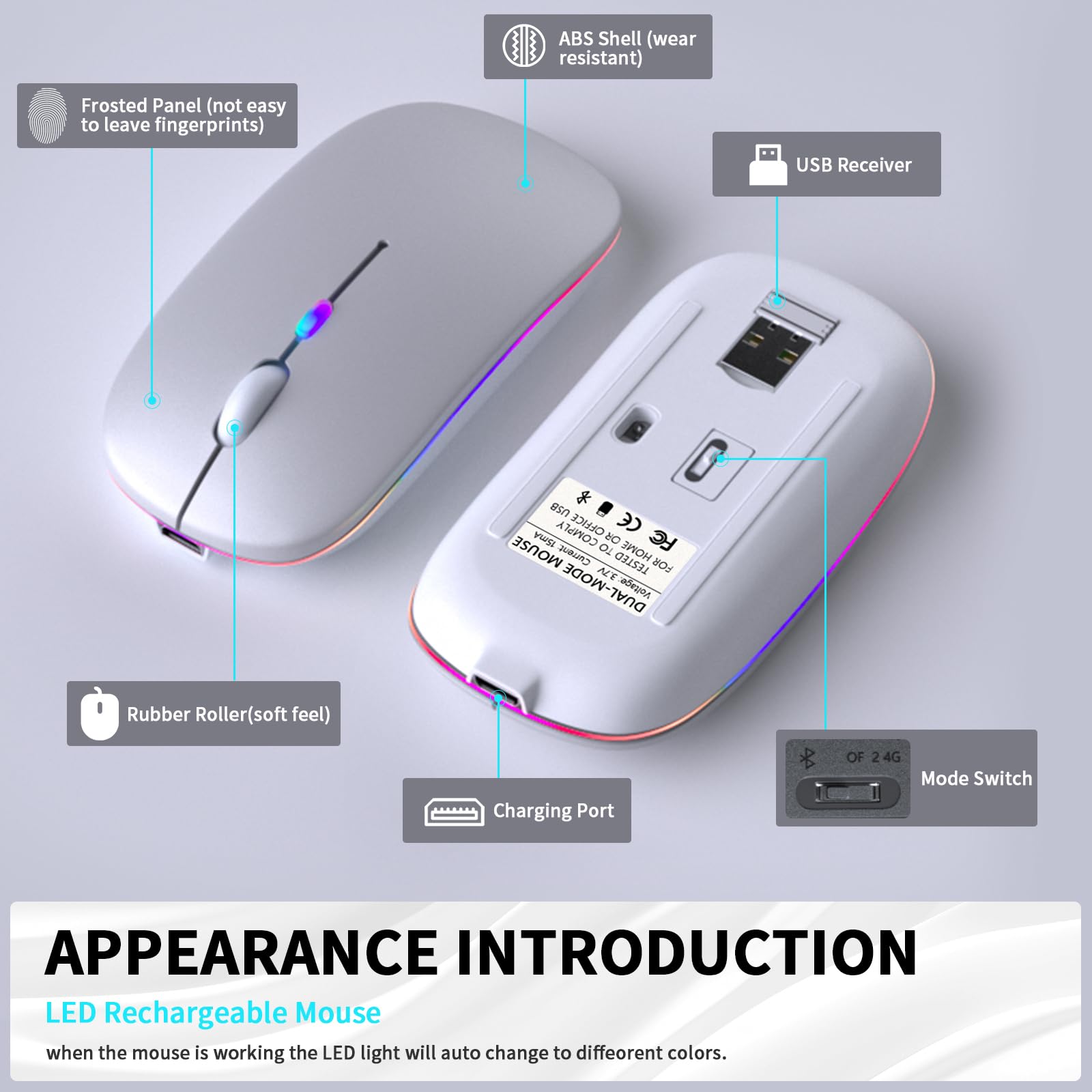 KANMABPC Ratón Bluetooth inalámbrico, recargable, silencioso, modo dual (Bluetooth 5.2 y USB) con luces LED, portátil para laptop, computadora de escritorio y tableta (plateado)