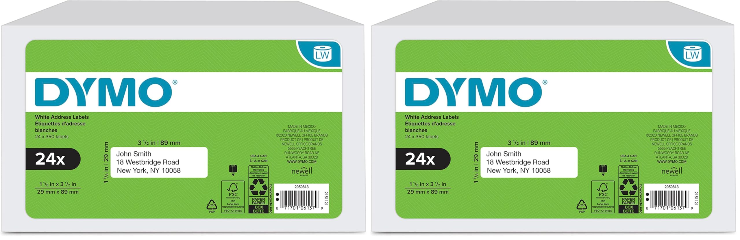 DYMO Authentic LW Mailing Address Labels DYMO Labels for LabelWriter Label Printers White 1-1/8" x 3-1/2" 24 Rolls of 350,(Pack of 2)