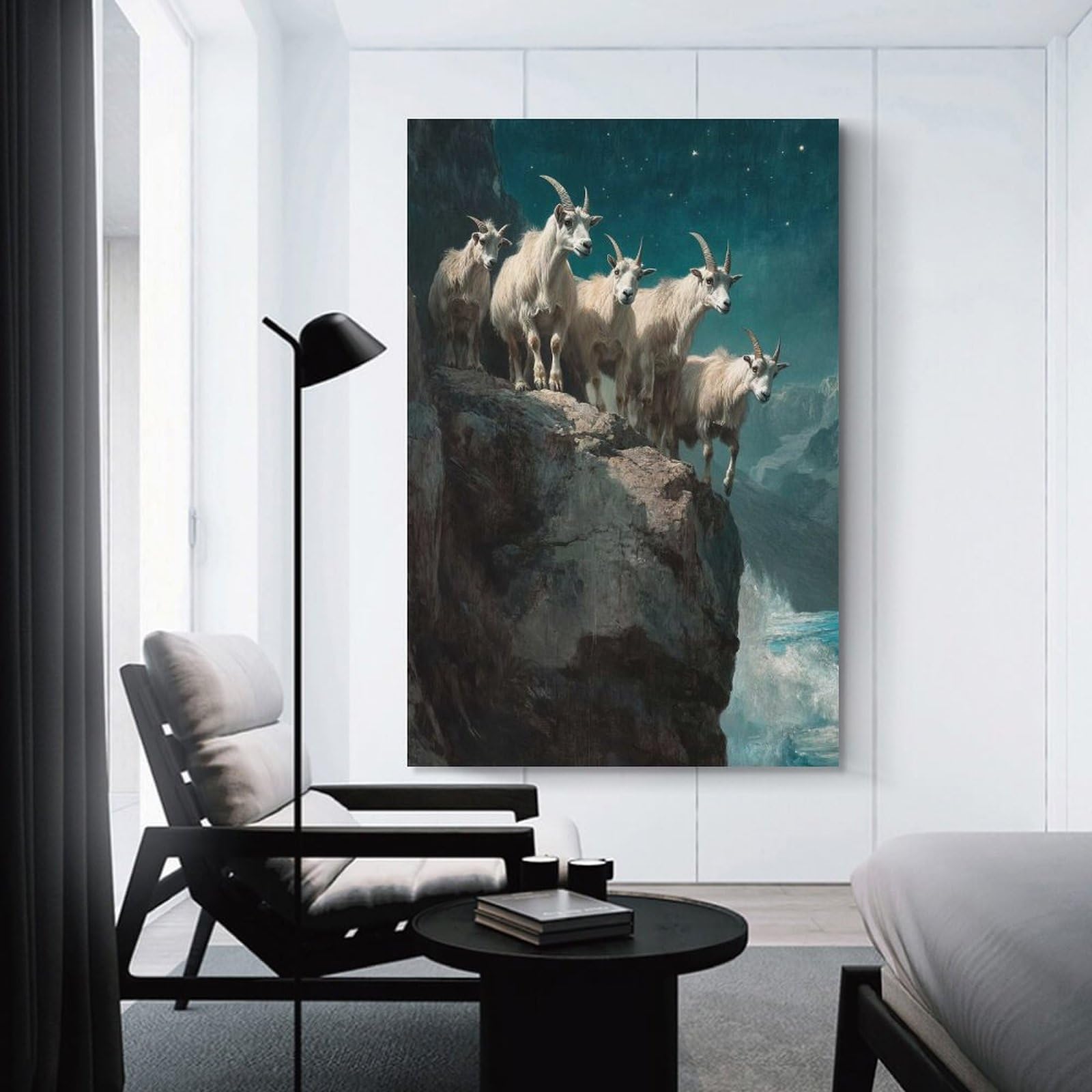 Junmoney Unframe-Style-18 Canvas Wall Art Mountain Goats At Night, 24X36inch(60X90cm), For Lounge, Study, Hallway Or Flat Walls, Canvas Wall Art That Fits Changing Layouts
