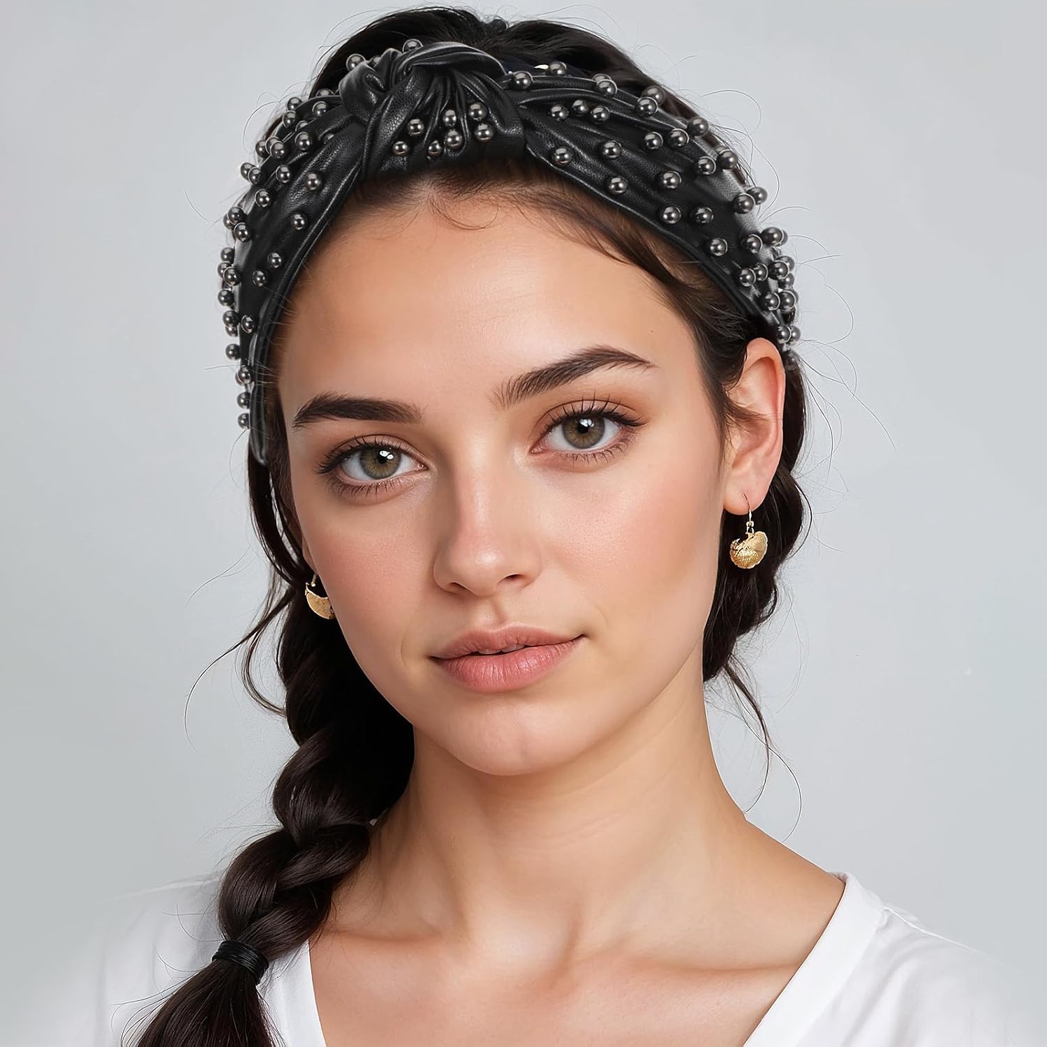 1PCS Knotted Headbands for Women, Black Non Slip Pearl Top Knot Headband Womens Wide Beaded Hairband Jeweled Embellished Head Band Hair Accessories for Women Girls - Image 4