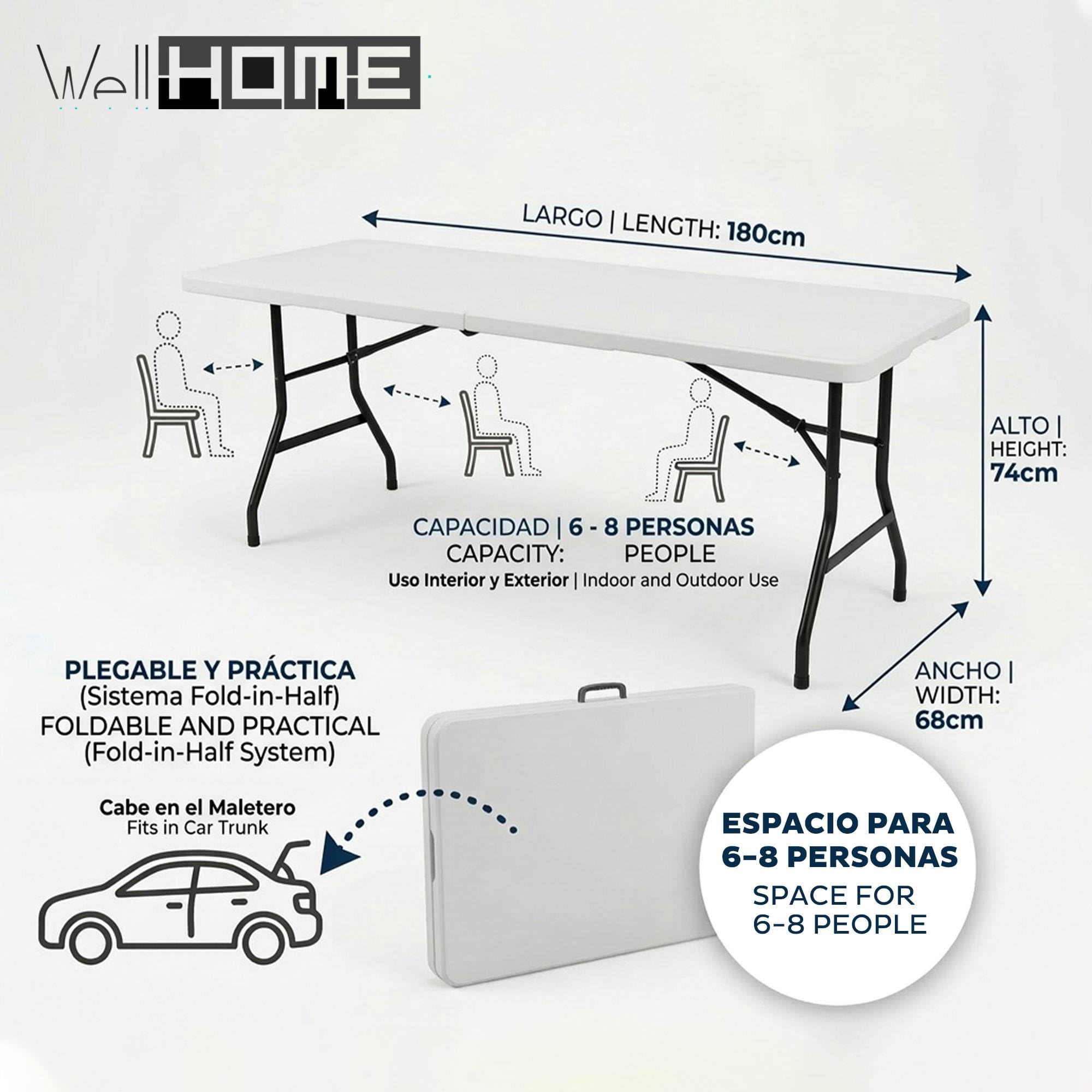 Well Home Mesa Plegable 180x68x74cm PE Blanco, Estructura metálica Negro Mate, Grosor 32mm