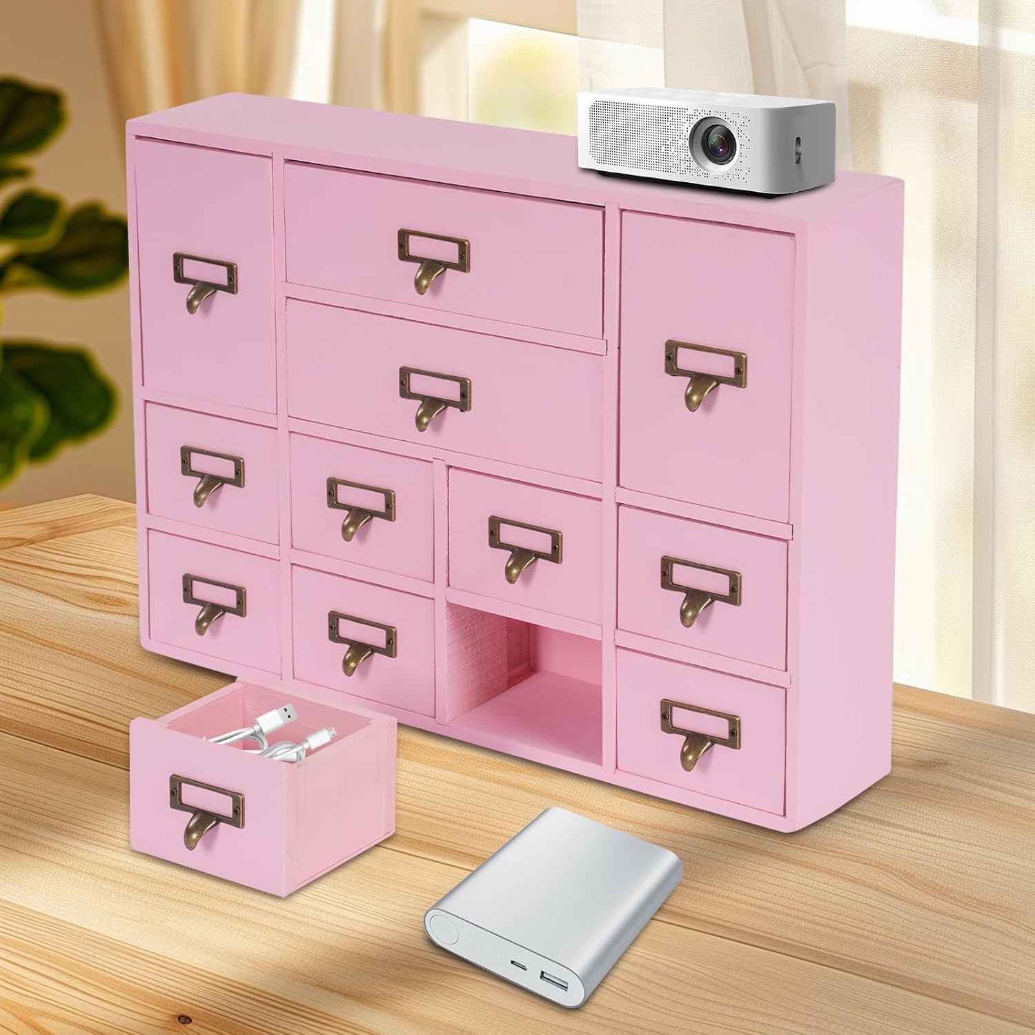 Vintage Desktop Apothecary Cabinet with 12 Drawers,Wood Desktop Organizers Stackable Drawers Desktop Chest Drawer for Herb Storage,Tea Collection,Stationery (12 Drawers,Pink)