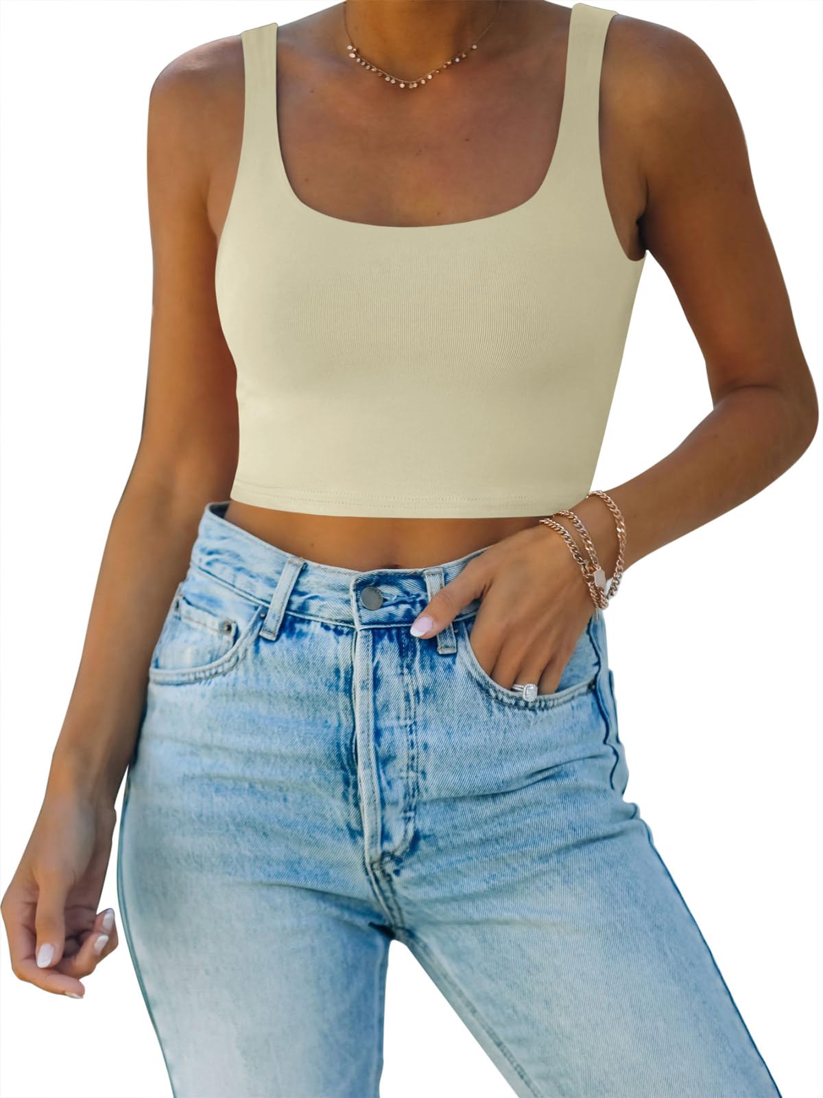 REORIA Women’s Sexy Square Neck Double Lined Seamless Sleeveless Cropped Tank Yoga Crop Basic Tops