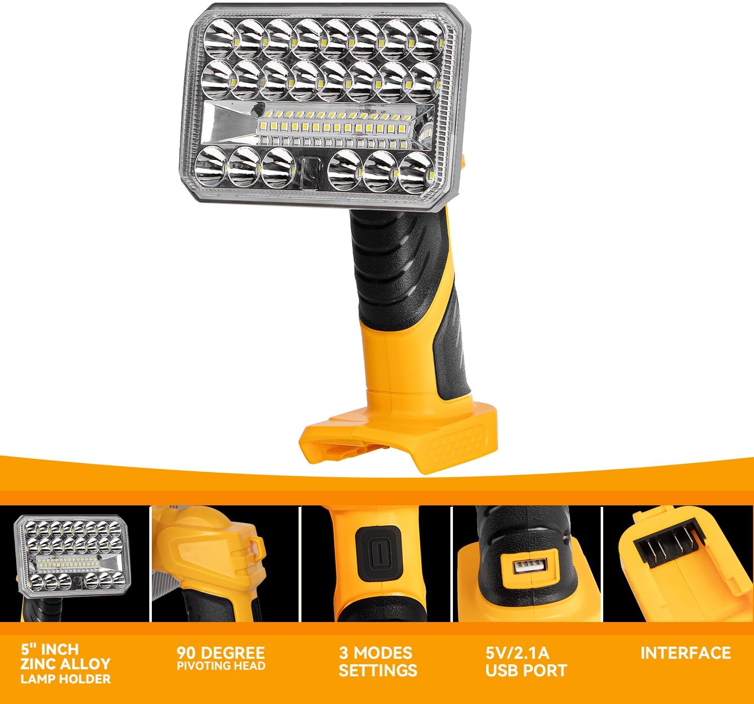 Work Light for Dewalt 20v Li-Ion Battery, 2000 Lumens Flashlights for Emergencies with 90 Degree Pivoting Head, 3 Brightness Setting and USB Port (Battery Not Included)