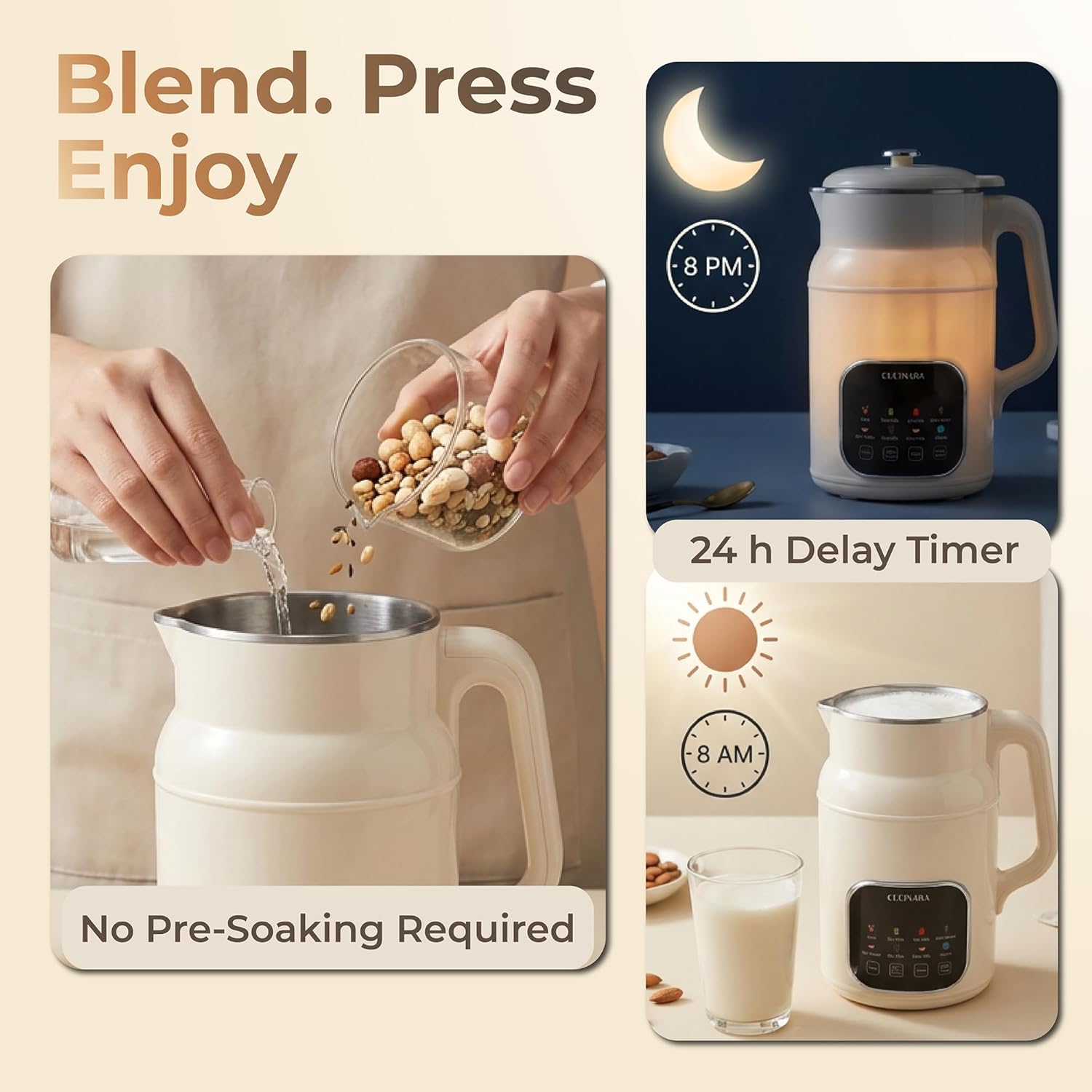 Nut Milk Maker Machine, 59oz – 8-in-1 Almond, Oat, Soy, Rice & Cashew Milk Maker | No Pre-Soaking | 24H Timer, Auto-Clean, 304 Stainless Steel, BPA-Free