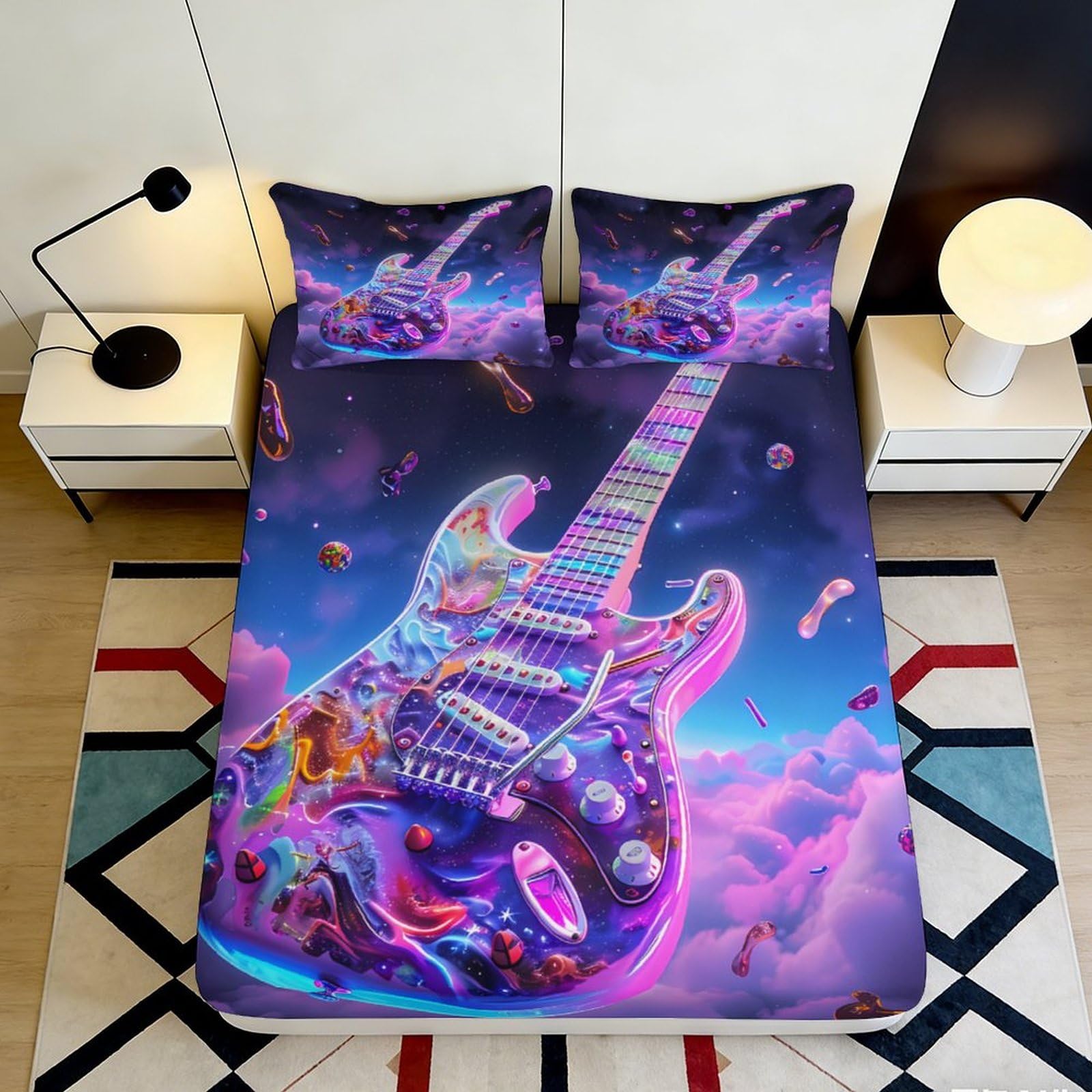 Dhbaneiok Style-7 3D Printed Electric Guitar Fitted Sheet Microfiber Vibrant Neon Bed Cover For Bedroom Dorm Mattress Protection Decor 90X200x25cm