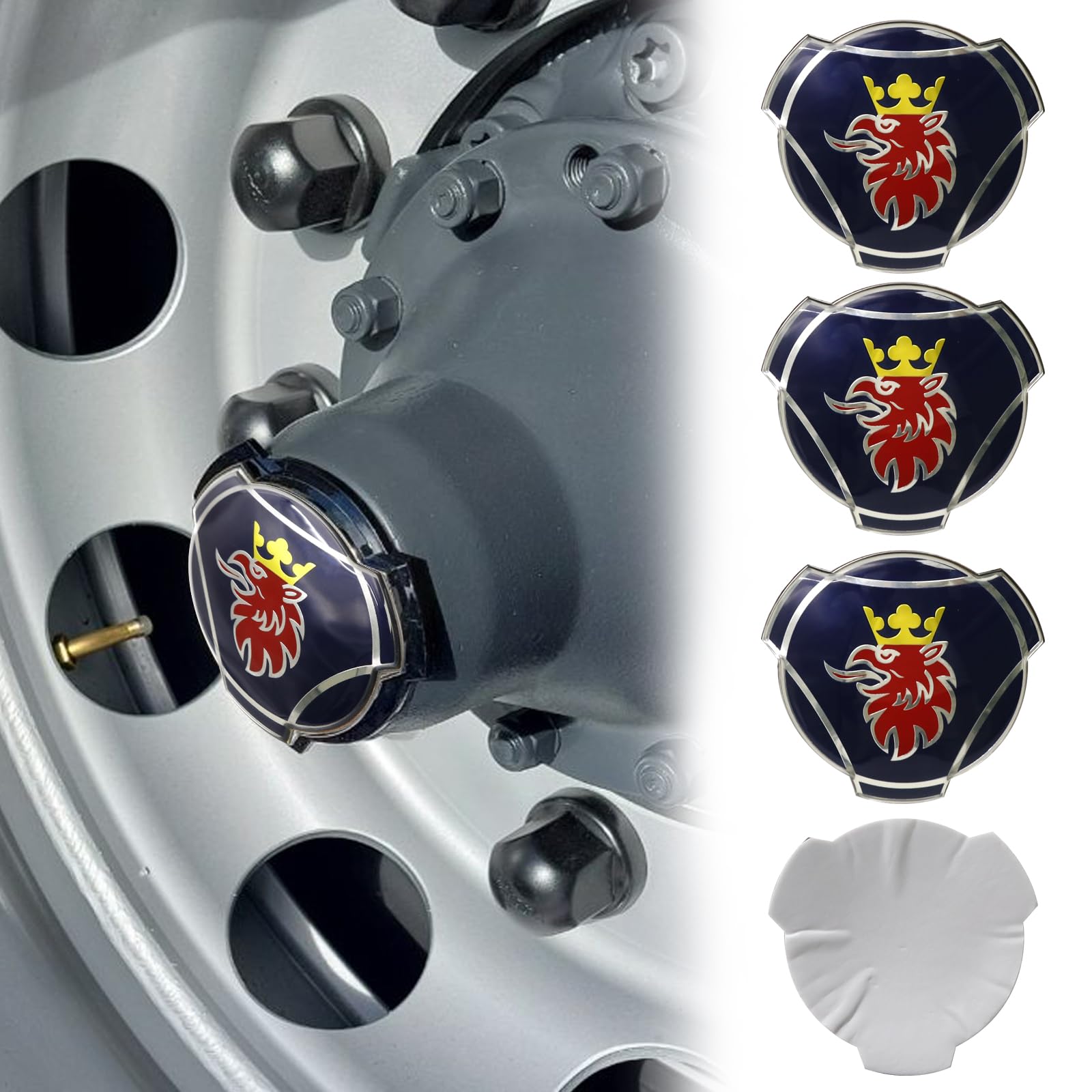 4 adesivi Grifone in alluminio per cerchioni di camion Scania, emblema adesivo (blu (corona dorata))