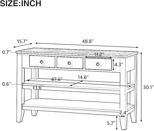 Miniatura 2 de Mesa de consola de madera maciza de 48 pulgadas, mesa auxiliar moderna para sofá de entrada con 3 cajones de almacenamiento y 2 estantes, fácil de