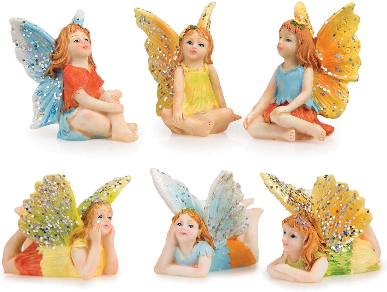 Amazon Com Miniature Fairy Garden 6pc Set Of Fairies Figurines Resin Tiny Sitting Fairies Laying Flat Fairies Colorful Pixie Outfits Sparkle Adorned Wings Outdoor House