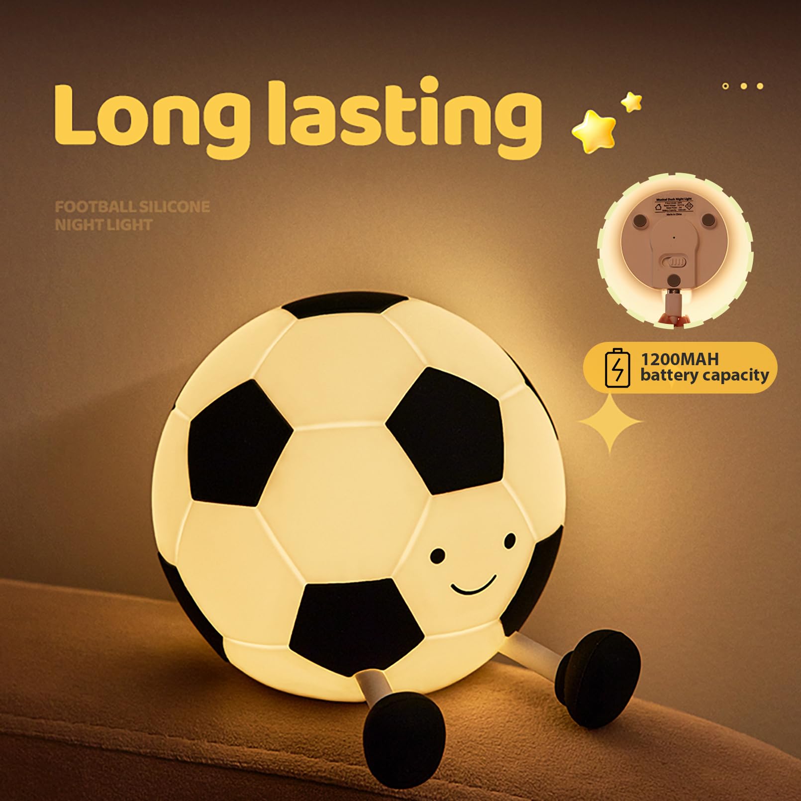 Luz nocturna de fútbol para niños, bonita lámpara de noche de fútbol | 3 niveles de brillo, silicona suave, temporizador de 30 minutos, control de grifo, recargable por USB