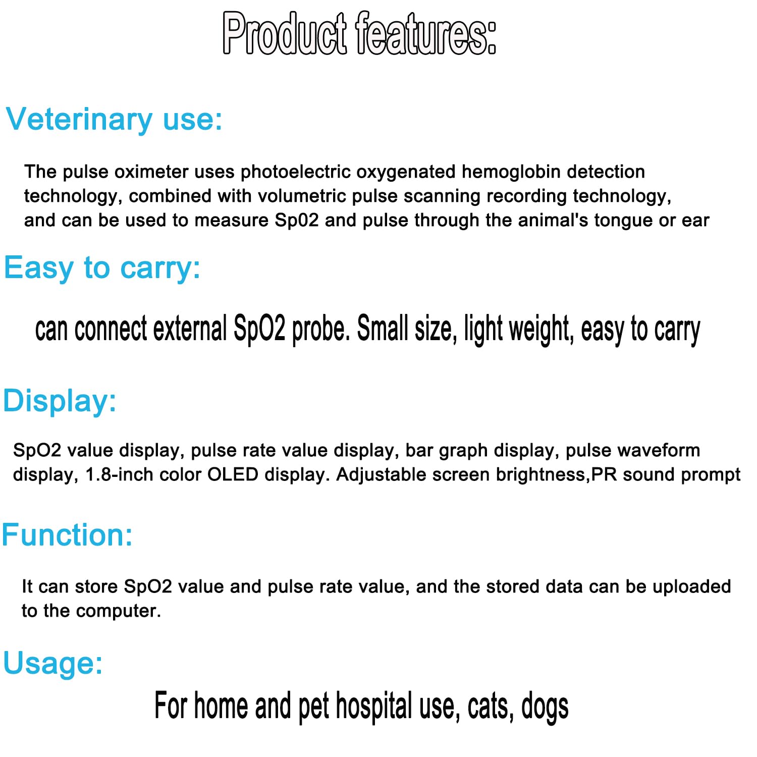 Oxímetro de Pulso Veterinario de Mano, Sensor de oído/Lengua, Monitor de Pulso Animal con sonda y Cable USB para Perros, Gatos,