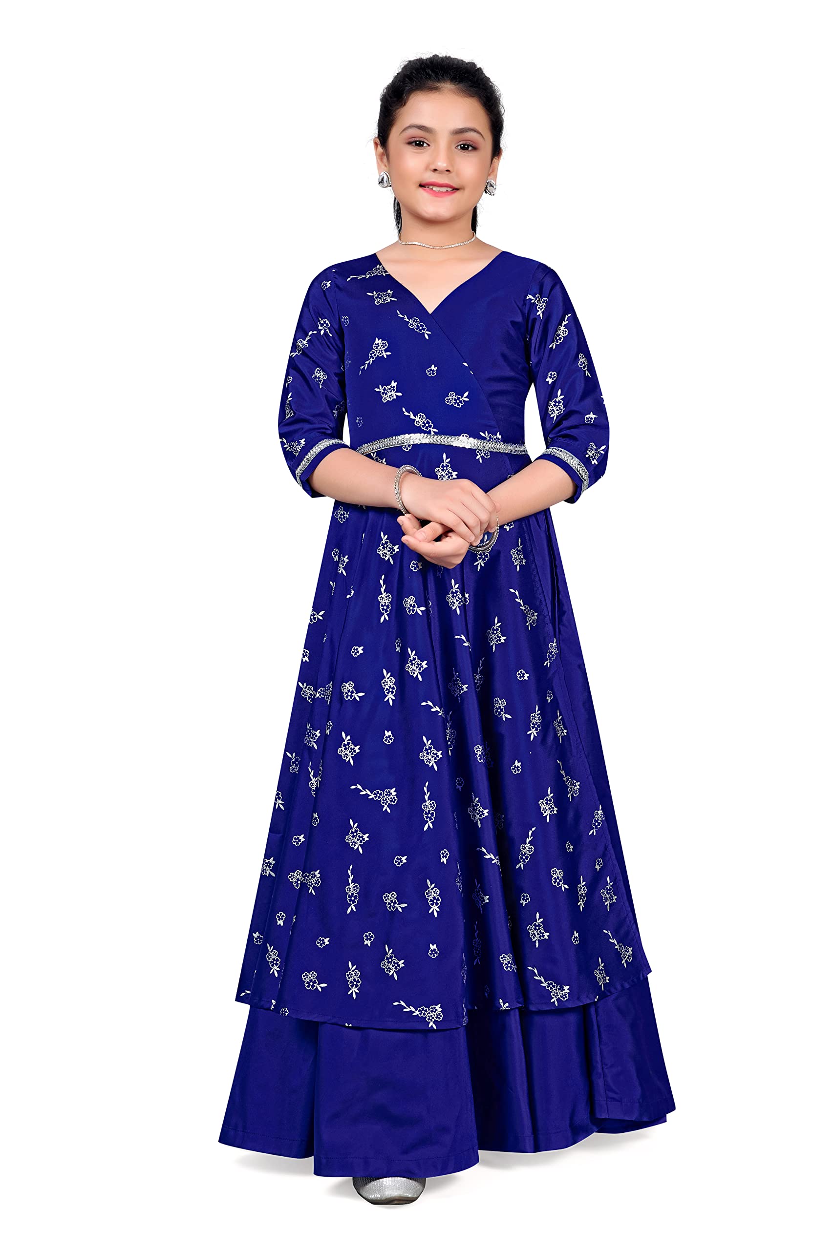 Fashion Dream Girls Blue Taffeta Maxi Length Foil Printed Dresses(Blue_11-12 Year) - Image 5 thumbnail