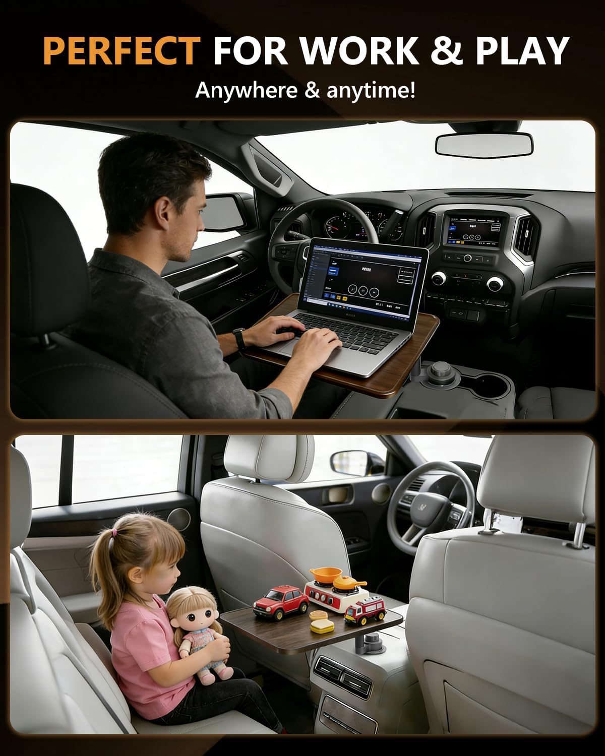 360° Rotating Car Laptop Desk - Cup Holder Mount Car Table Tray, Compatible with Tesla Model Y/3/S, F-150/Explorer/Maverick & Most Vehicles, Car Accessories for Women & Men