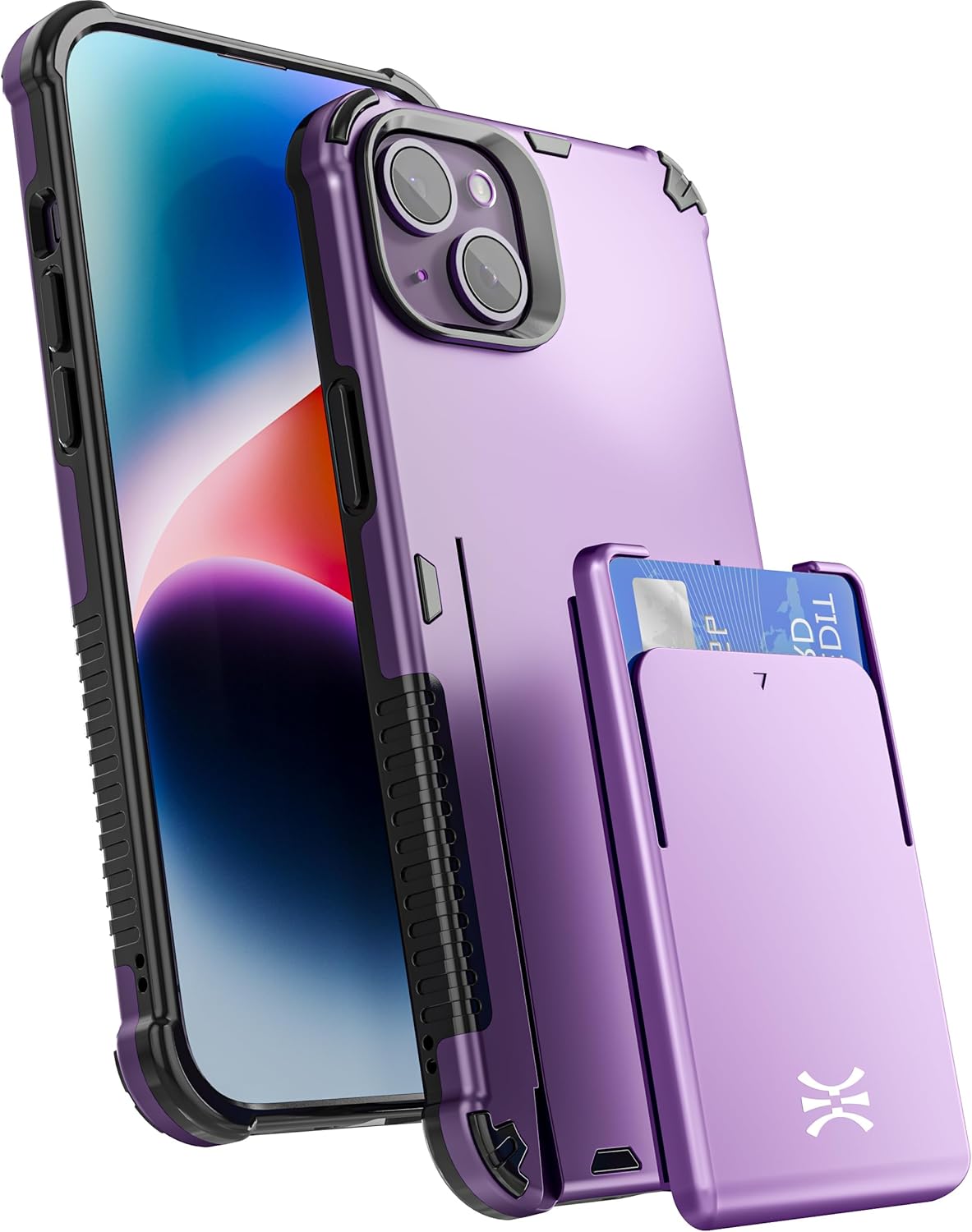 TORU CX PRO for iPhone 14 Slim Hard Wallet Case | Detachable Sliding Card Holder for 3 Cards | Dual Layer Protective Shockproof Cover for Wireless Charging - Purple