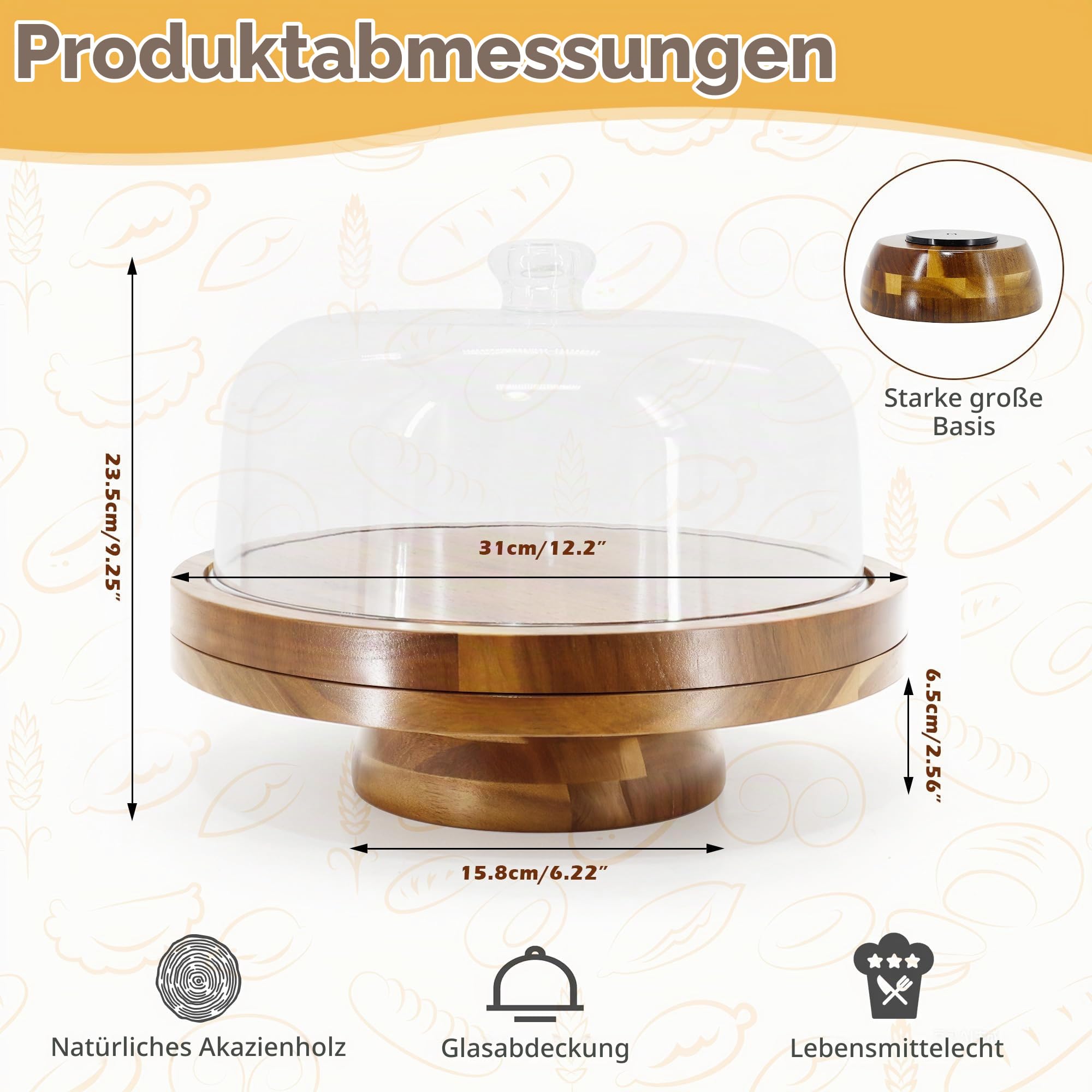 30cm Drehbar Tortenständer Tortenplatte, Multifunktional Holz Kuchenständer | Mit Deckel & Fuß & 4 Stück Gold Cake Board, Runde Drehteller für Küche Backen Hochzeit Party