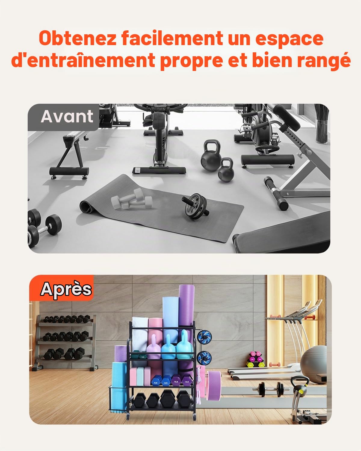 VEVOR Support pour Tapis de Yoga 3 Niveaux, Organisateur de Matériels d'Entraînement en Acier avec Revêtement en Poudre, Chariot de Rangement Sportif avec Crochets, pour Haltères, Kettlebell, Gym