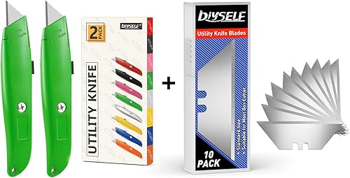 DIYSELF Paquete de 2 cortadores retráctiles con 10 hojas de cuchillo utilitario, cuchillas afiladas de acero SK5, cortadores de caja para cartón,