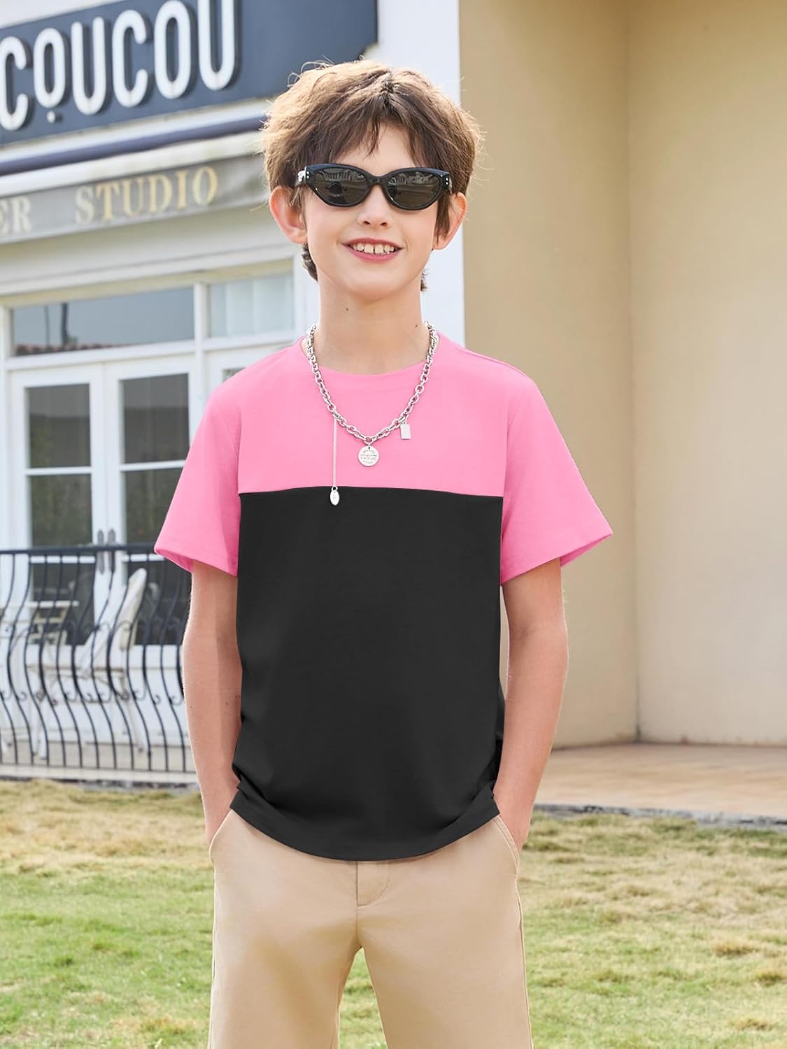 Haloumoning Boys Colorblock Short Sleeve Shirts Kids Summer Crewneck T-Shirts Casual Tops Tees 5-14 Years - Image 4