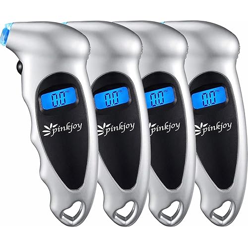 PINKJOY Digital Tire Pressure Gauge 4 Pack 150 PSI, 4 Settings, Tire Gauge for Car, Truck, Motorcycle, Bicycle with Backlit LCD and Non-Slip Grip (Silver)