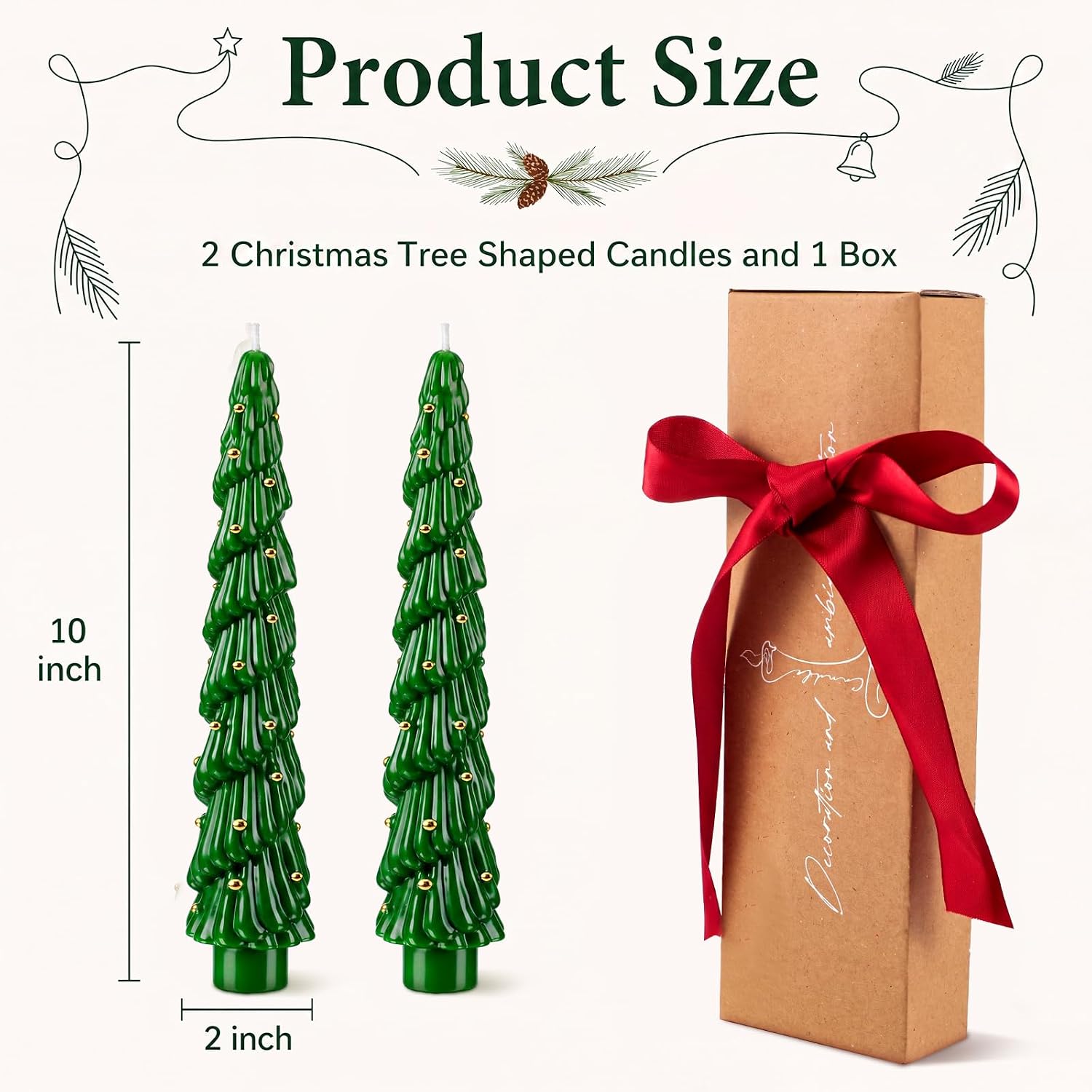 Conelist 2 Pcs Christmas Tree Candles with Box, 10'' Green Unscented Taper
