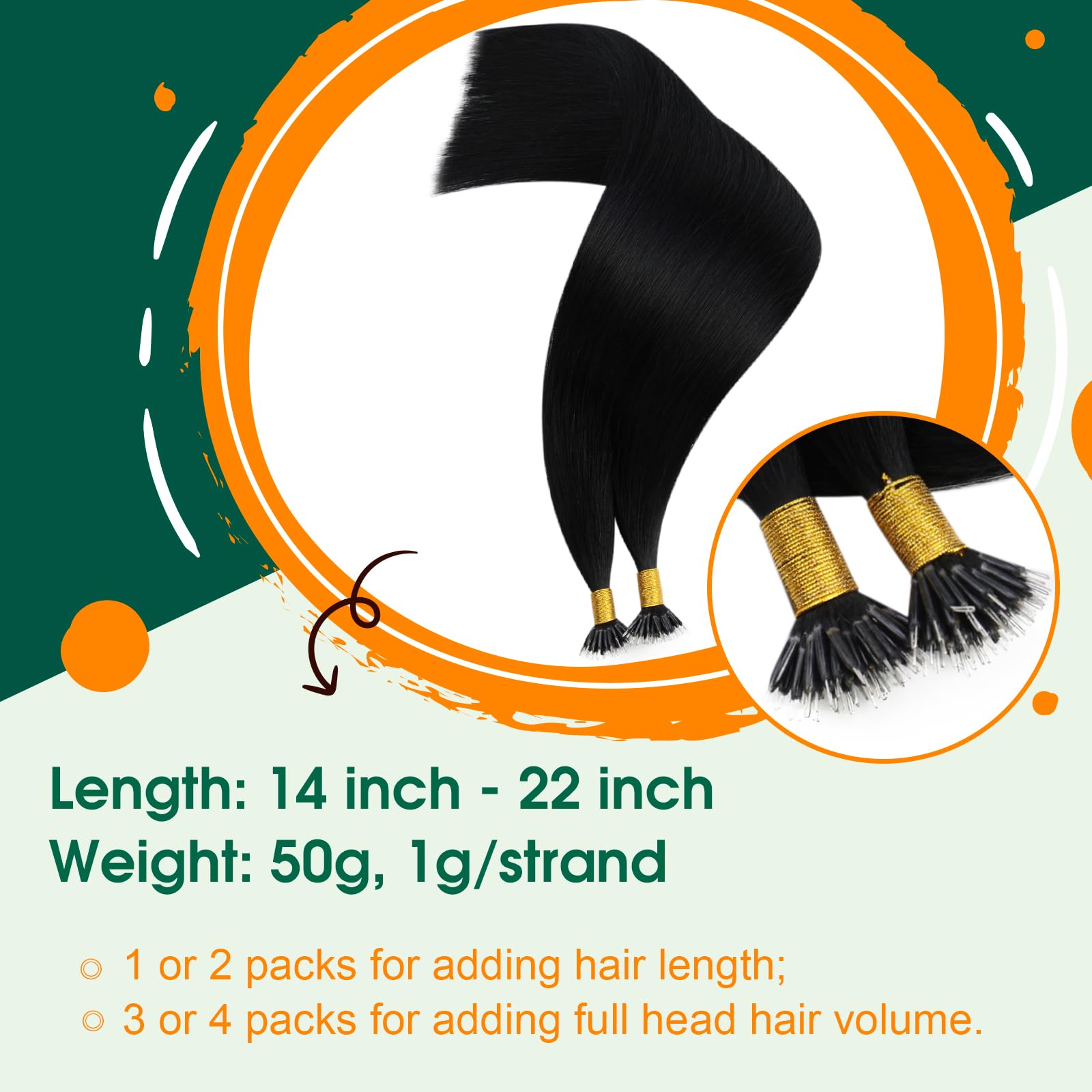 Easyouth Hair Extensions Nano Black Nano Beads Hair Extension Real Human Hair Jet Black Nanos Ring Hair Extensions Human Hair Natural Luster 24 Inch 50g/50s #1 - Image 2