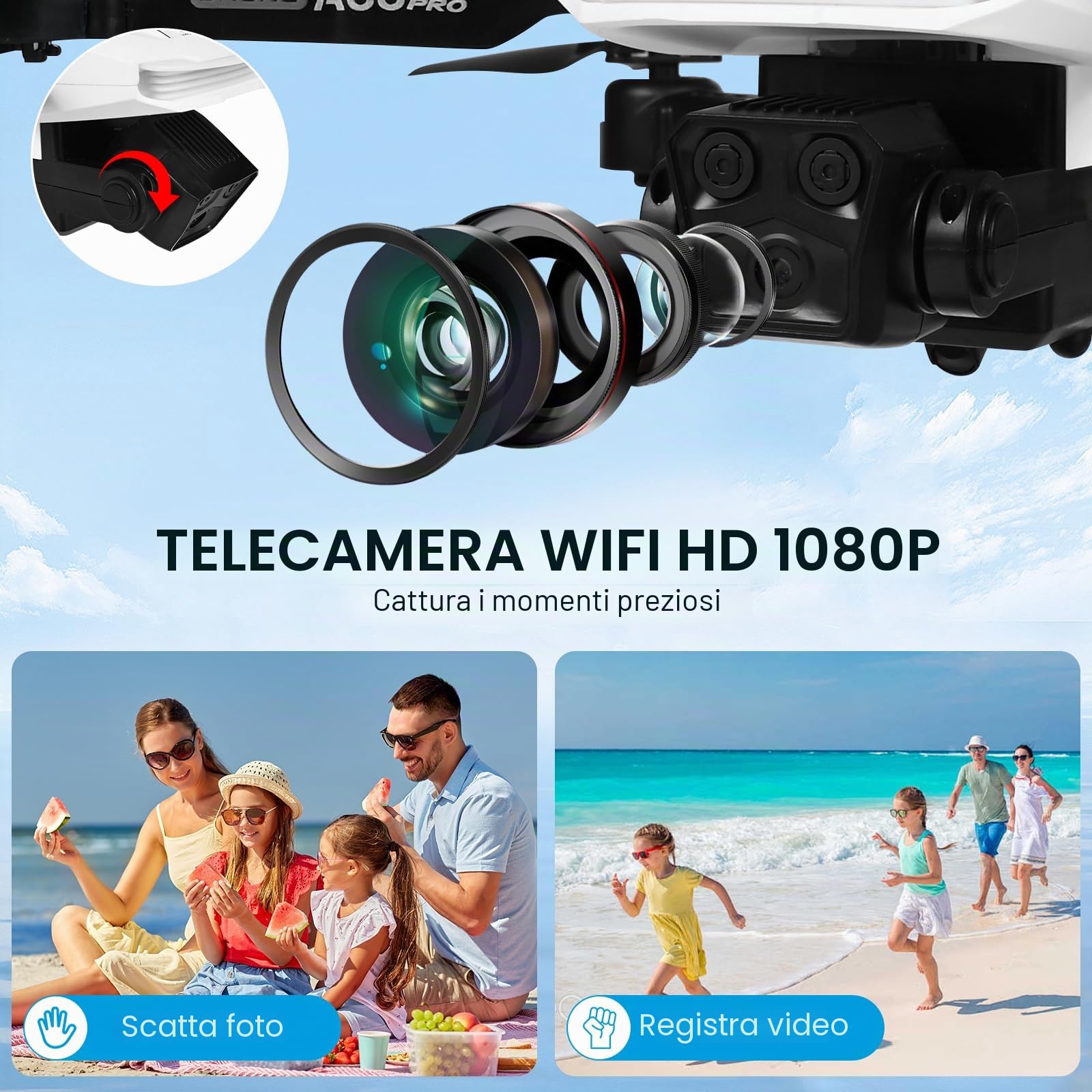 A88 Mini Drone per Bambini con Telecamera 1080P HD FPV con Mantenimento Dell'altitudine, Droni Quadricottero RC con Luci LED e 2 Batterie, Giocattolo Regalo per Ragazzi e Ragazze (Weiß)