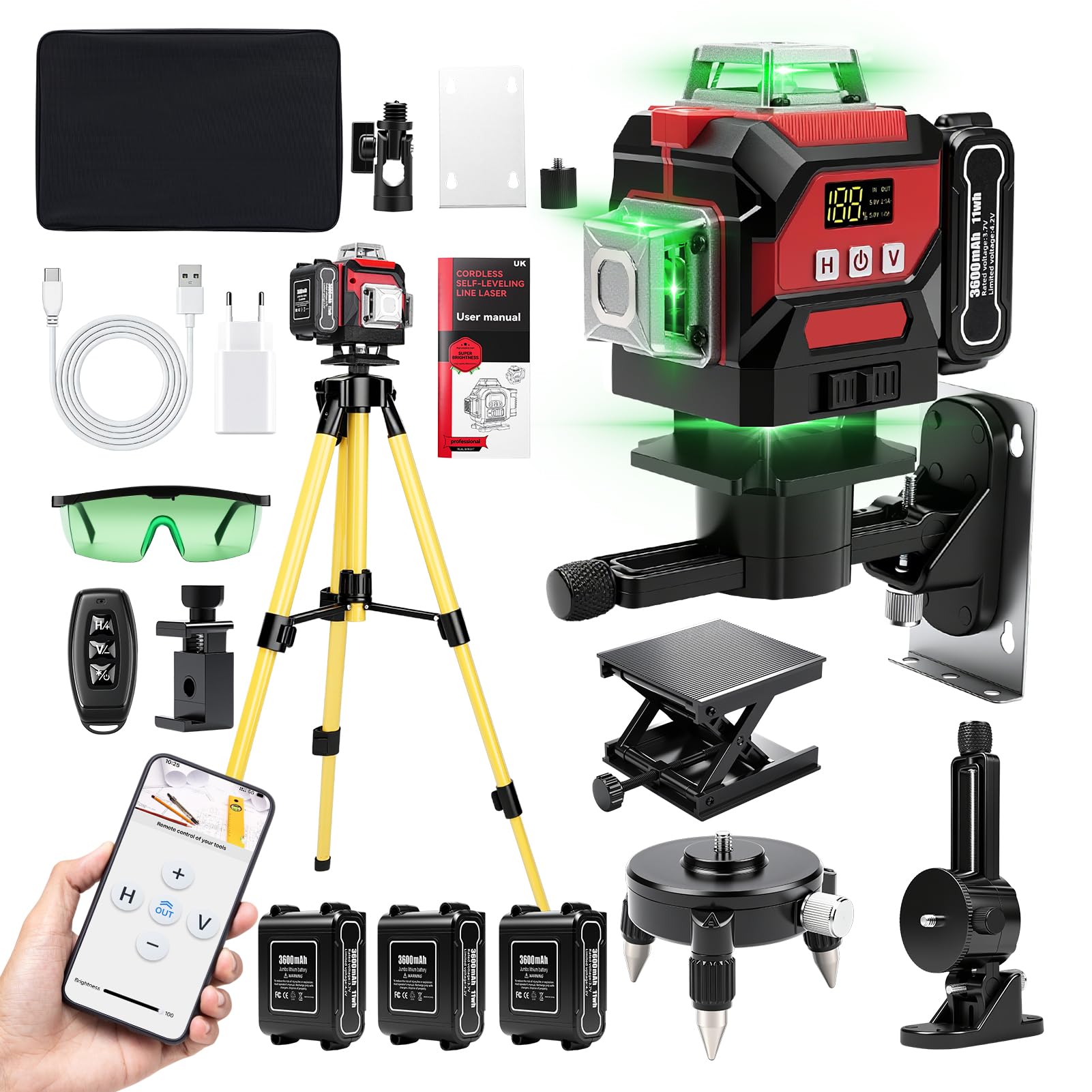 Nivel Laser Autonivelante 360 Grados, 4D 16 Líneas Nivel Laser Verde Con Trípode, Digital Niveles LáSer Con 3600 mAh x 3 baterías recargables para interiores, obras
