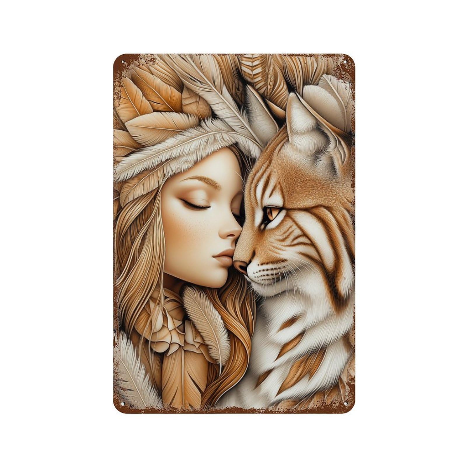 Garage Style Woman And Lynx Rust Effect Tin Sign 11.8"x7.9", Farmhouse Wall Decor for Bar And Workshop