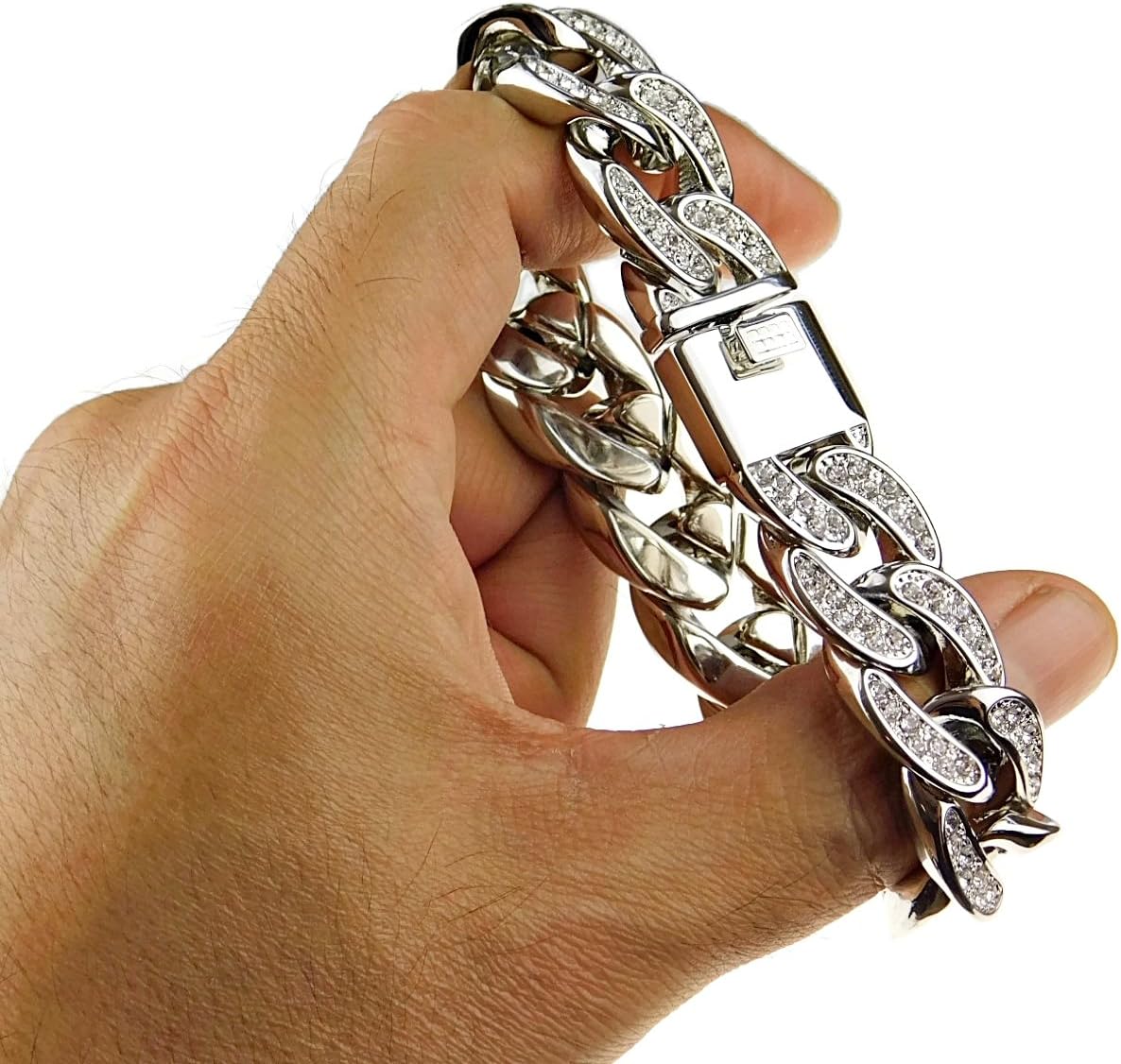 Mens Hip Hop Bracelet Iced Bling Silver Tone Cuban Link 8.5" Inch x 18 MM Wide
